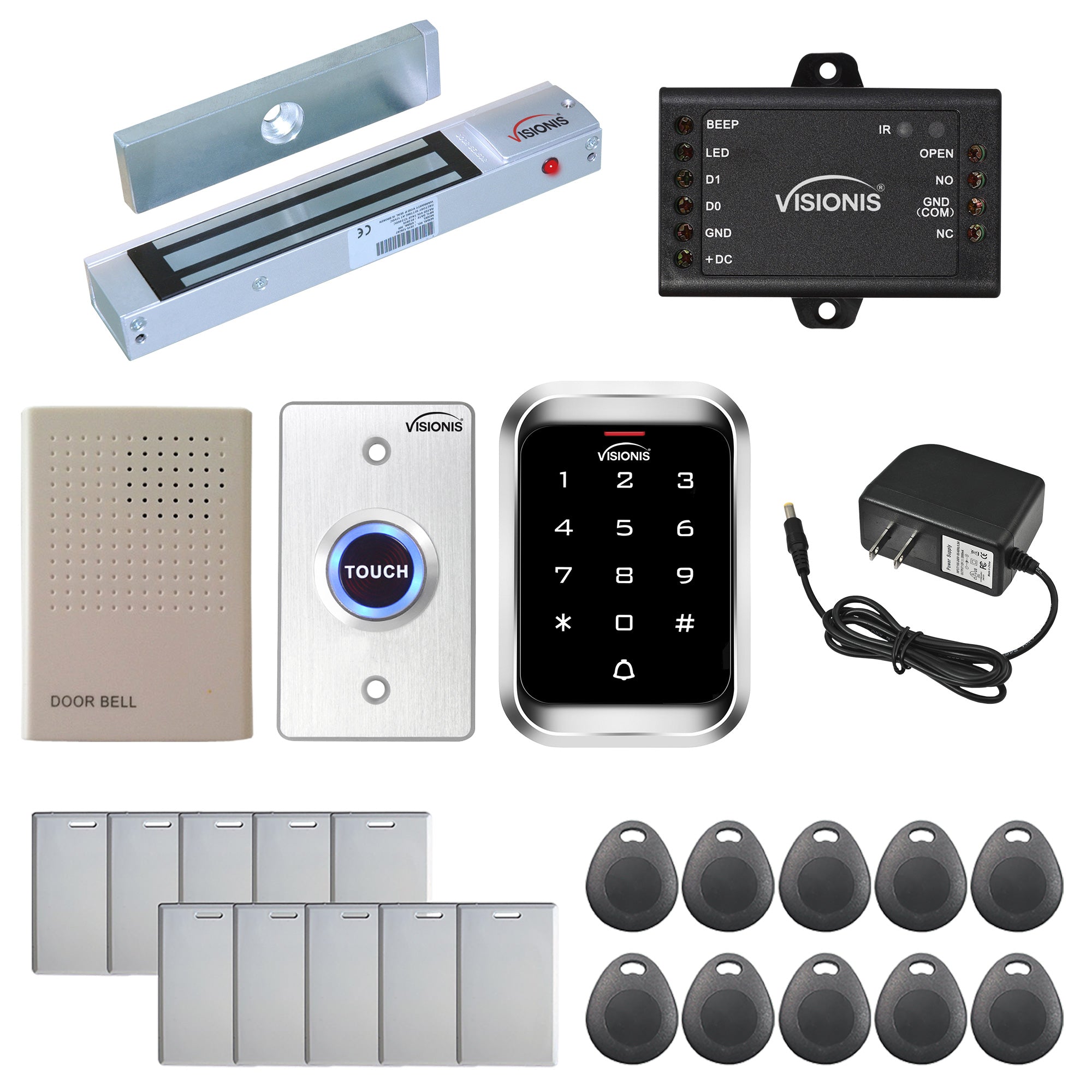 Visionis FPC-5098 One Door Access Control Out Swinging Door 300lbs Maglock + Outdoor Weatherproof Keypad/Reader Standalone With Mini Controller + Wiegand 26, No Software, EM Card, 1000 Users Kit