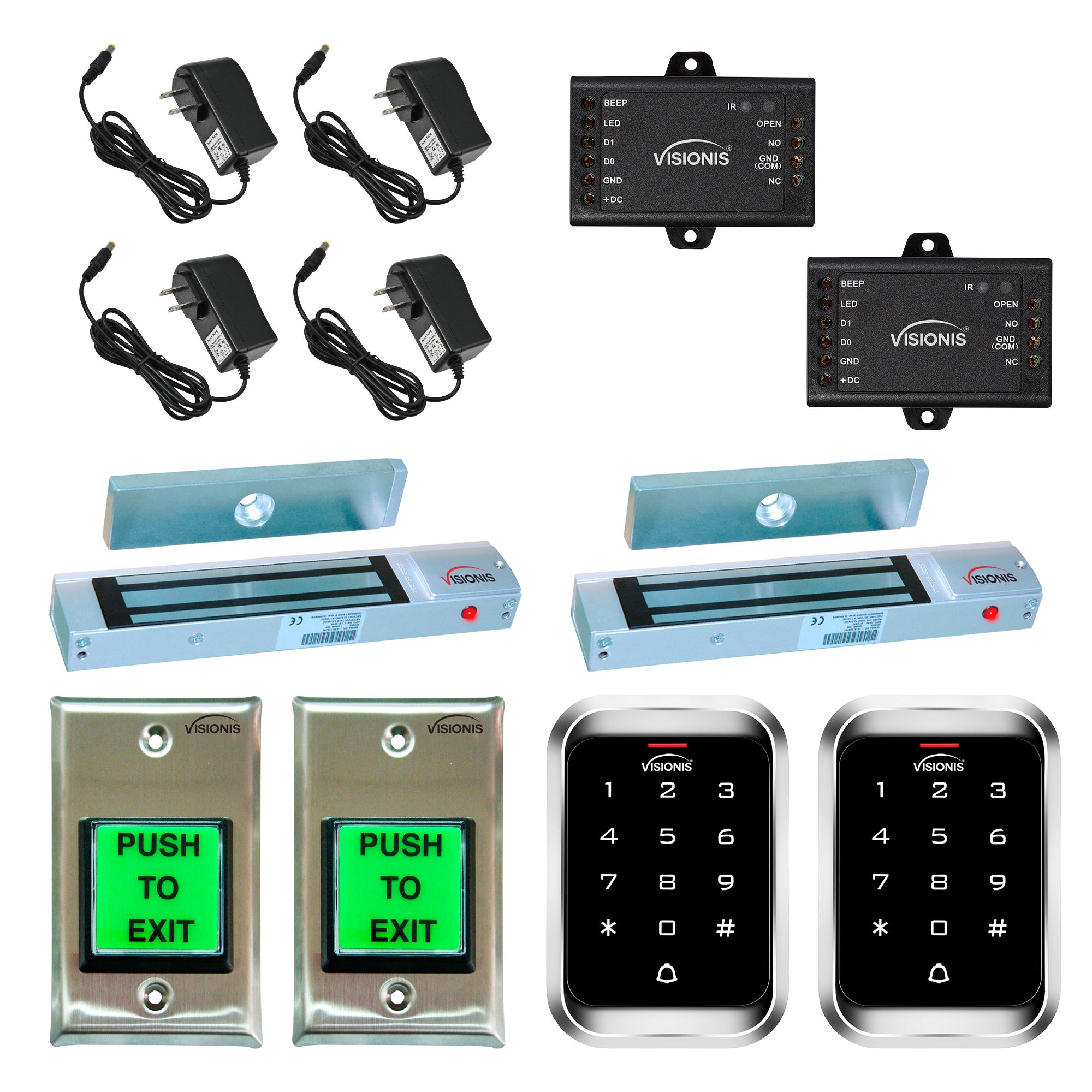 FPC-5110 Two Door Access Control Outswinging Door 300lbs Electromagnetic Lock With Visionis Outdoor Keypad Reader Standalone With Mini Controller + Wiegand 26 + Push To Exit Button Kit