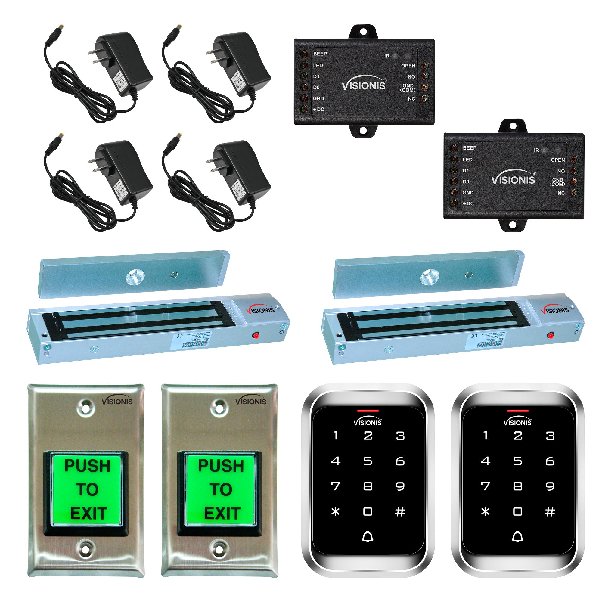 FPC-5111 Two Door Access Control Outswinging Door 600lbs Electromagnetic Lock With Visionis Outdoor Keypad Reader Standalone With Mini Controller + Wiegand 26 + Push To Exit Button Kit