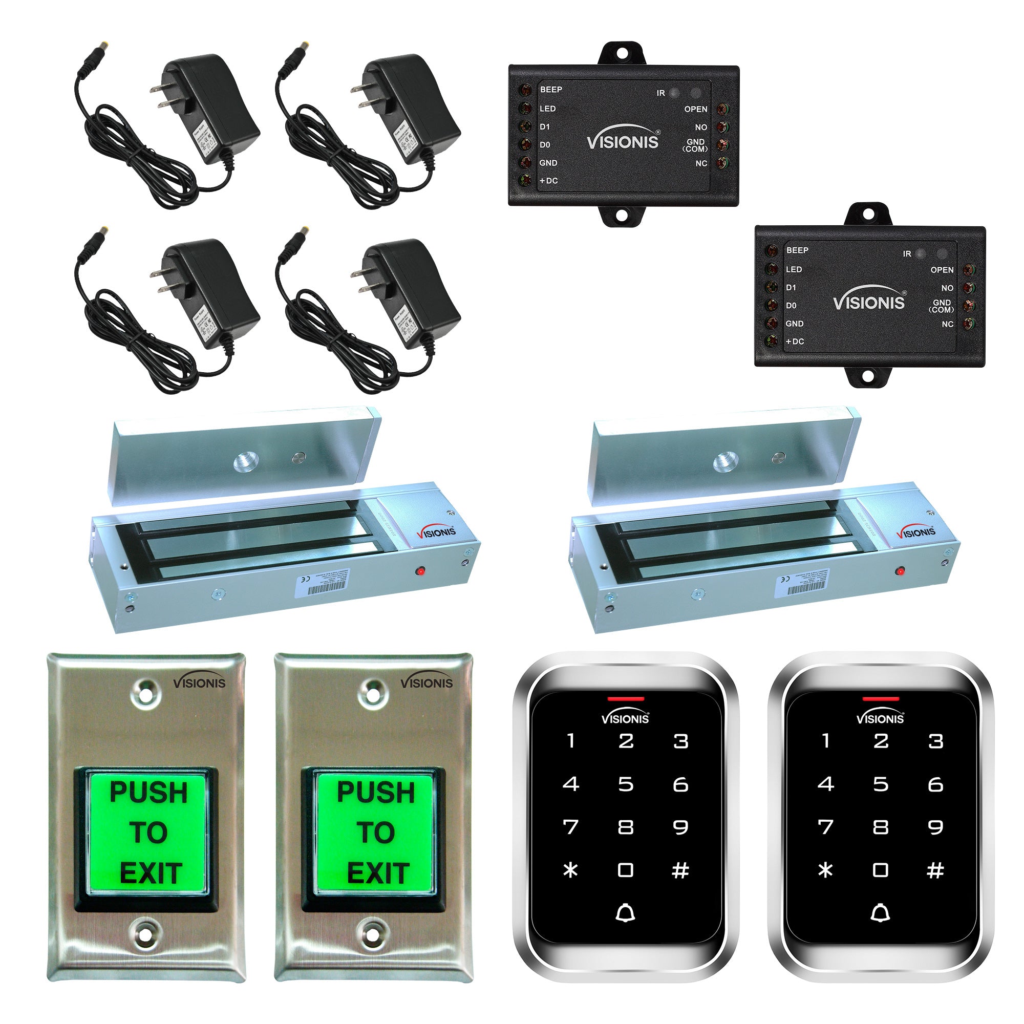 FPC-5112 Two Door Access Control Outswinging Door 1200lbs Electromagnetic Lock With Visionis Outdoor Keypad Reader Standalone With Mini Controller + Wiegand 26 + Push To Exit Button Kit