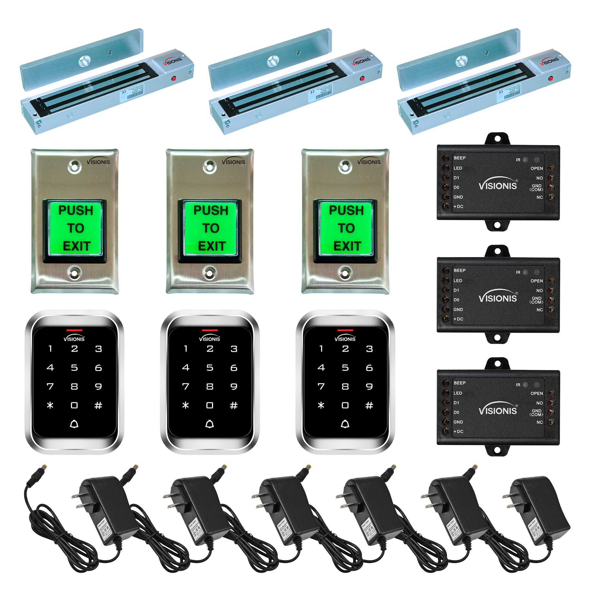 FPC-5123 Three Door Access Control Outswinging Door 600lbs Electromagnetic Lock With Visionis Outdoor Keypad Reader Standalone With Mini Controller + Wiegand 26 + Push To Exit Button Kit