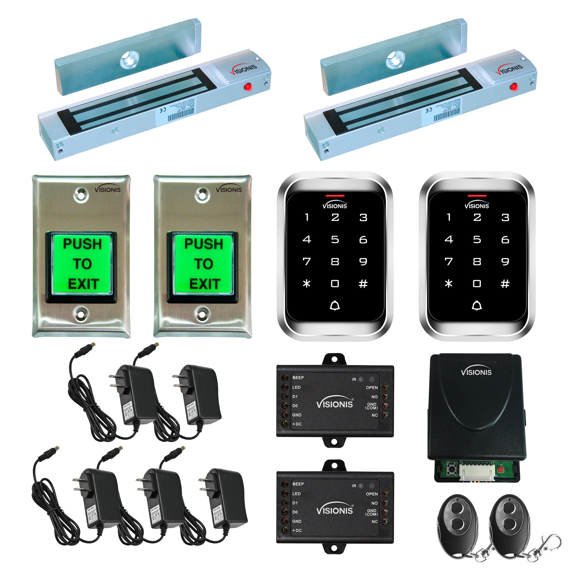 FPC-5157 Two Door Access Control Outswinging Door 300lbs Electromagnetic Lock + Visionis Wireless Remote + Outdoor Keypad Reader Standalone + Mini Controller + Wiegand 26 + Push To Exit Button Kit