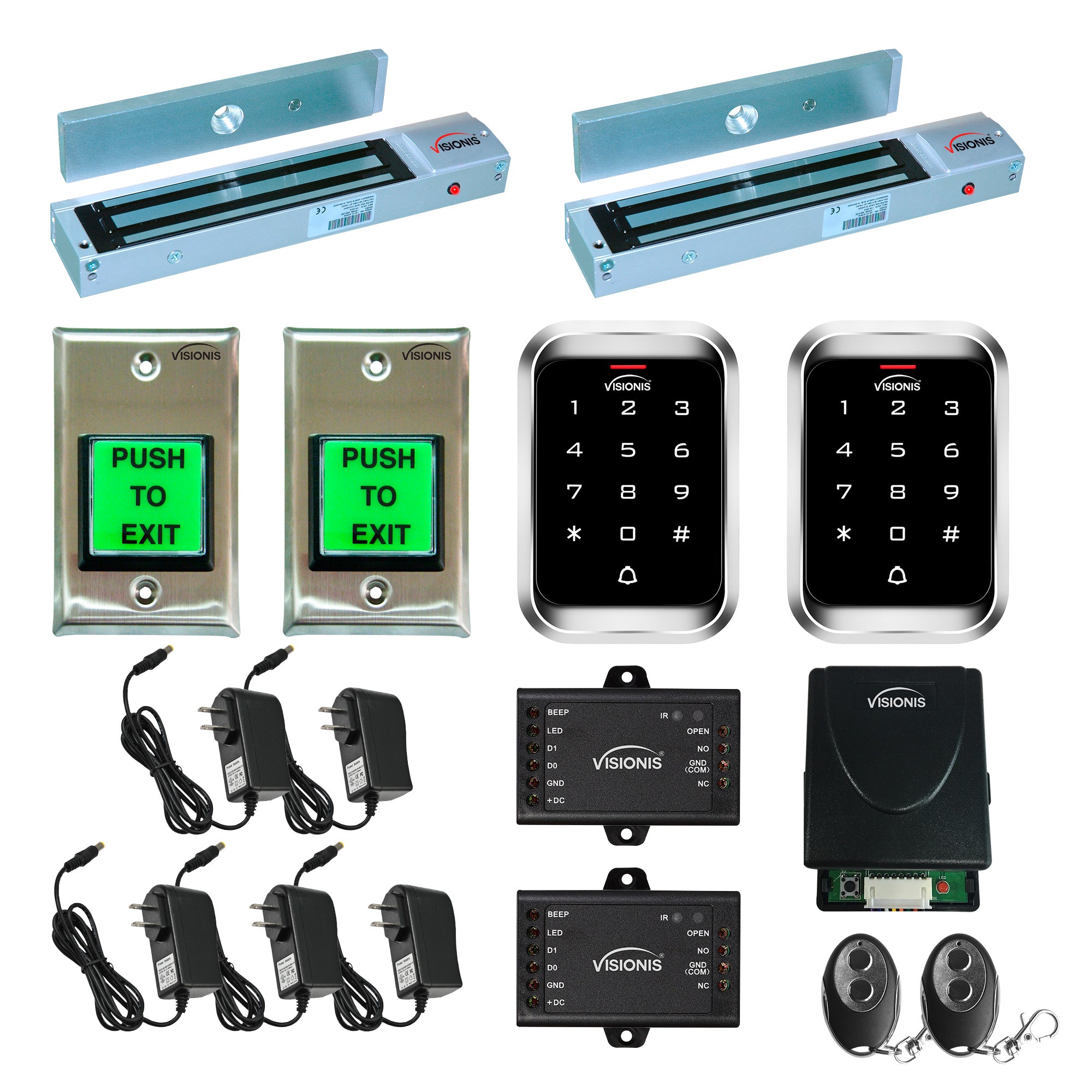 FPC-5158 Two Door Access Control Outswinging Door 600lbs Electromagnetic Lock + Visionis Wireless Remote + Outdoor Keypad Reader Standalone + Mini Controller + Wiegand 26 + Push To Exit Button Kit