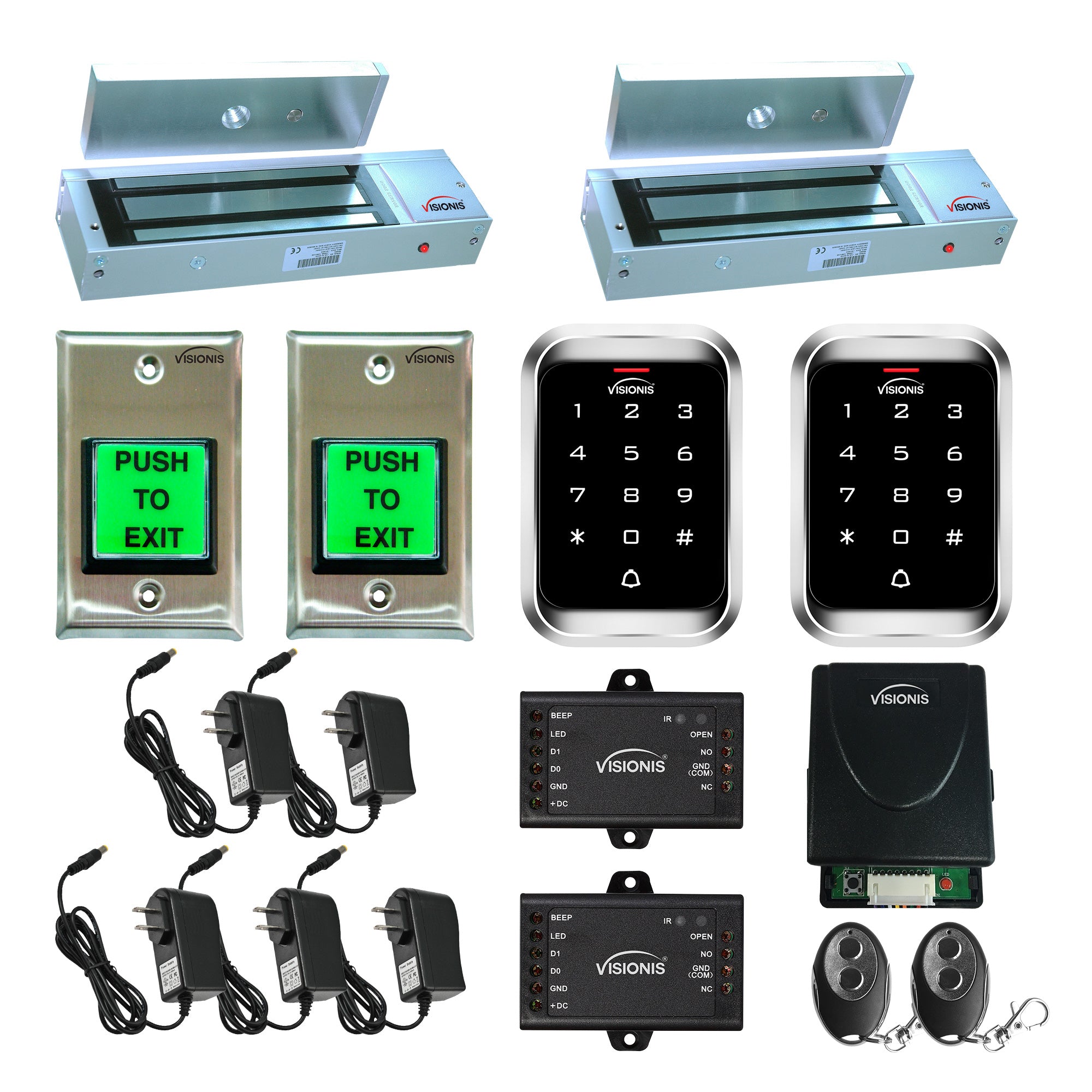 FPC-5159 Three Door Access Control Outswinging Door 1200lbs Electromagnetic Lock + Wireless Remote + Outdoor Keypad Reader Standalone With Mini Controller + Wiegand 26 + Push To Exit Button Kit