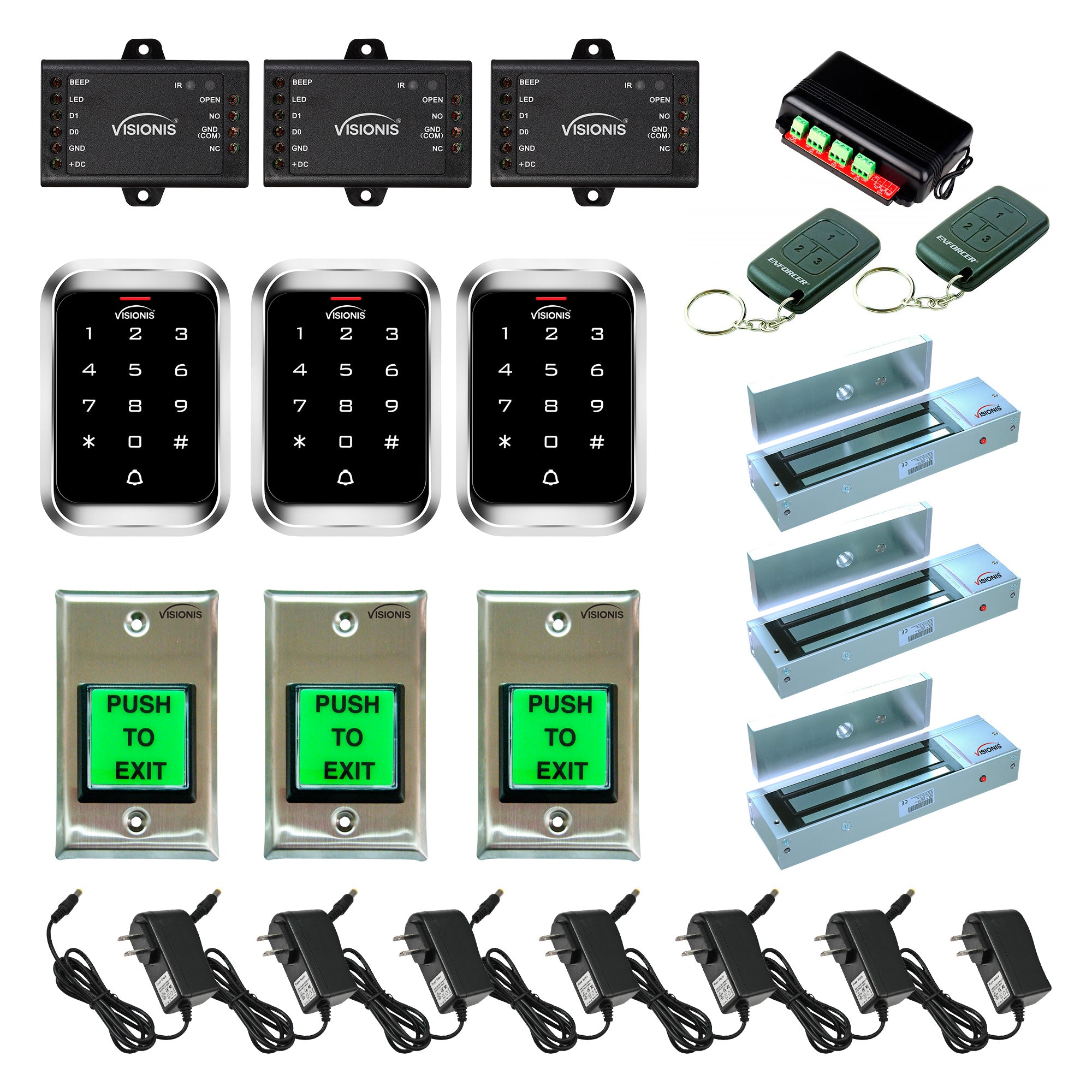 FPC-5171 Three Door Access Control Outswinging Door 1200lbs Electromagnetic Lock + Wireless Remote + Outdoor Keypad Reader Standalone With Mini Controller + Wiegand 26 + Push To Exit Button Kit