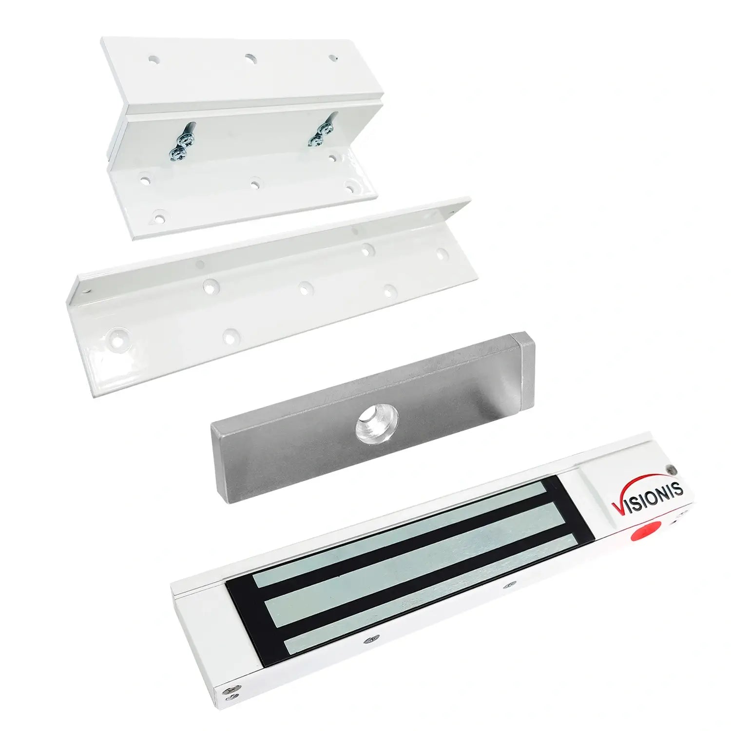 White magnetic door lock kit with 300lb electromagnetic lock and ZL bracket for inswing doors. VIS-ML300LED-WH - FPC-5191-WH VISIONIS