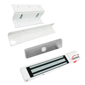 White magnetic door lock kit with 300lb electromagnetic lock and ZL bracket for inswing doors. VIS-ML300LED-WH - FPC-5191-WH VISIONIS