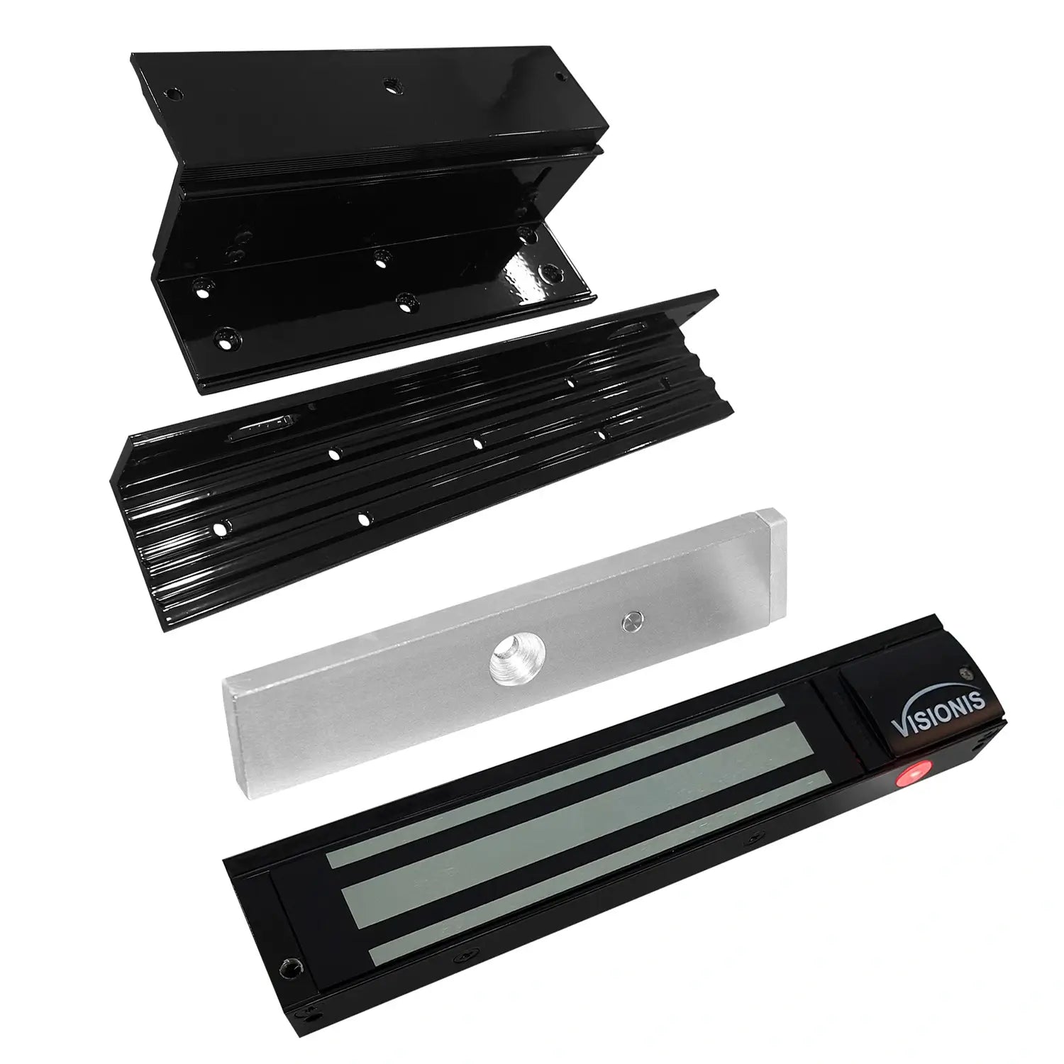 Black magnetic door lock kit with 600lb electromagnetic maglock and ZL bracket for inswinging doors. VIS-ML600LED FPC-5192-BL VISIONIS