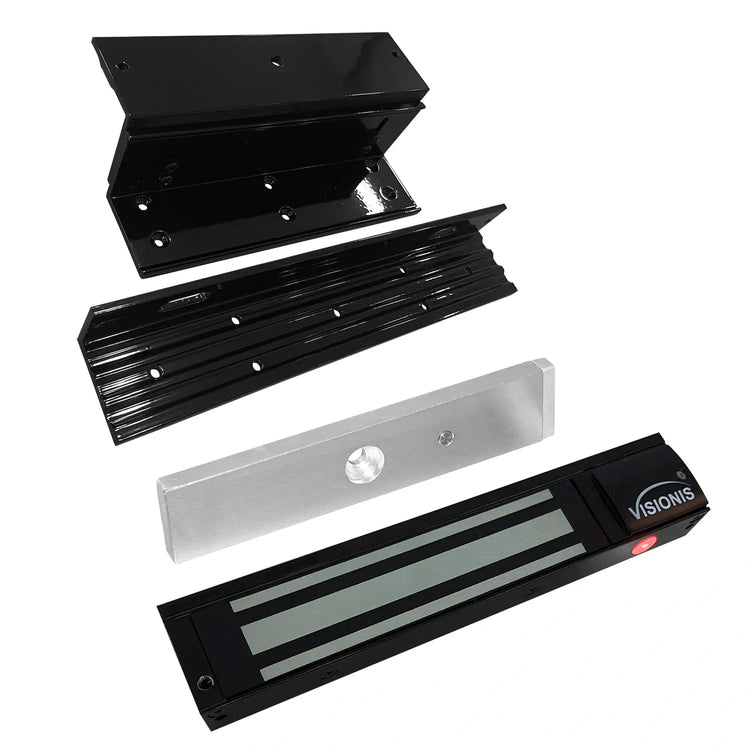 Black magnetic door lock kit with 600lb electromagnetic maglock and ZL bracket for inswinging doors. VIS-ML600LED FPC-5192-BL VISIONIS