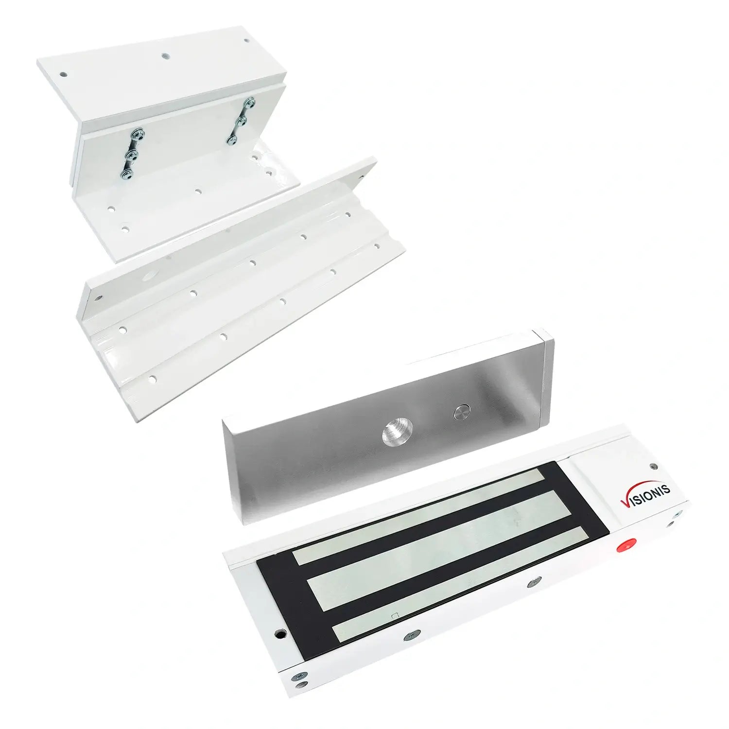 White magnetic door lock kit with 1200lb electromagnetic lock and bracket for inswinging doors. VIS-ML1200LED FPC-5193-WH VISIONIS