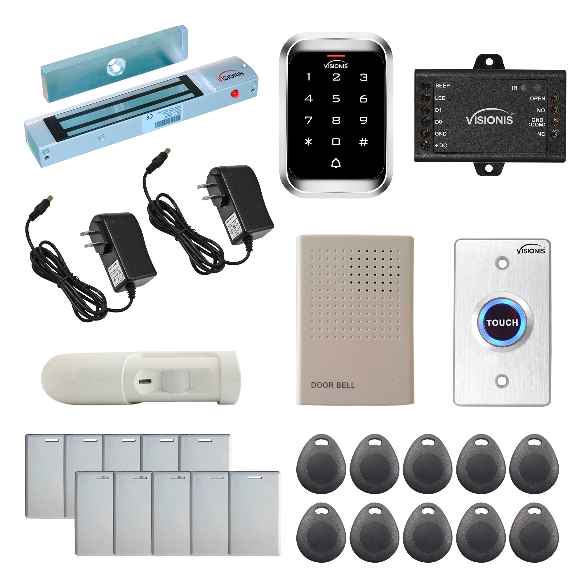 Visionis FPC-5281 One Door Access Control Out Swinging Door 300lbs Maglock + VIS-3000 Outdoor Weatherproof Keypad/Reader Standalone With Mini Controller + Wiegand 26, No Software, EM Card + PIR Kit