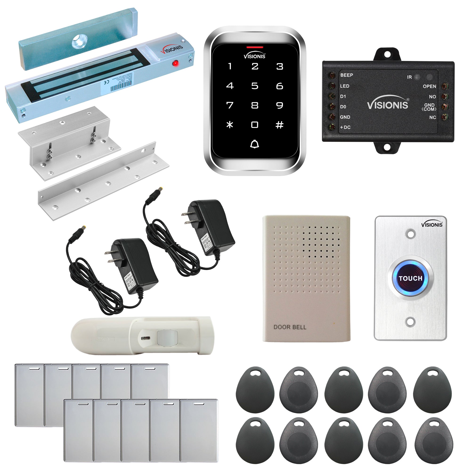 Visionis FPC-5282 One Door Access Control In Swinging Door 300lbs Maglock With VIS-3000 Outdoor Keypad/Reader Standalone With Mini Controller + Wiegand 26, No Software, EM Card, 1000 Users + PIR Kit