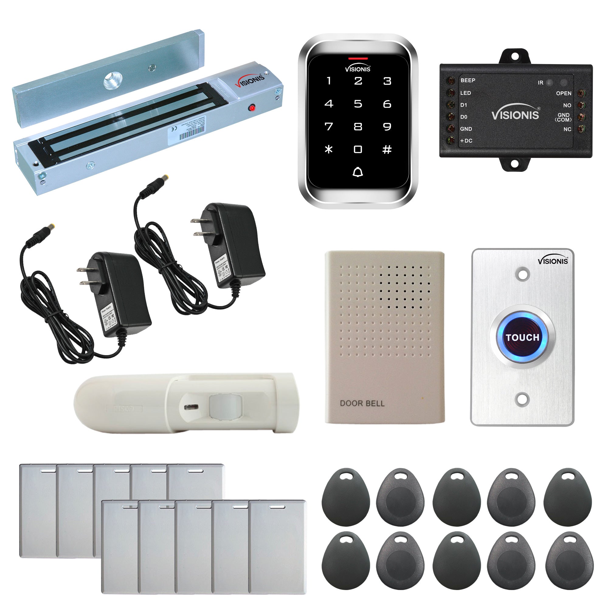 Visionis FPC-5284 One Door Access Control Out Swinging Door 600lbs Maglock + VIS-3000 Outdoor Keypad/Reader Standalone With Mini Controller + Wiegand 26, No Software, EM Card, 1000 Users + PIR Kit