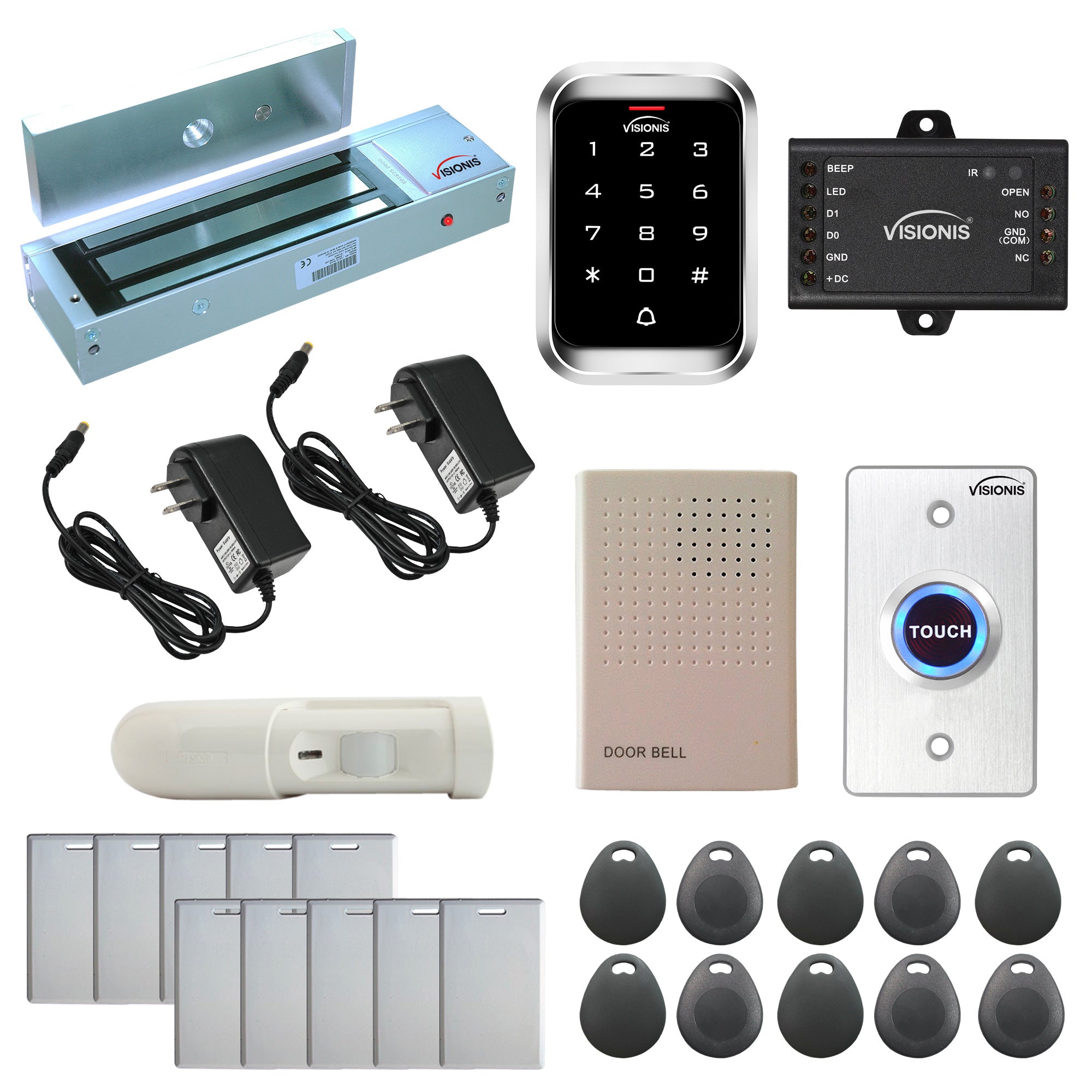 Visionis FPC-5287 One Door Access Control Out Swinging Door 1200lbs Maglock + VIS-3000 Outdoor Keypad/Reader Standalone With Mini Controller + Wiegand 26, No Software, EM Card, 1000 Users + PIR Kit