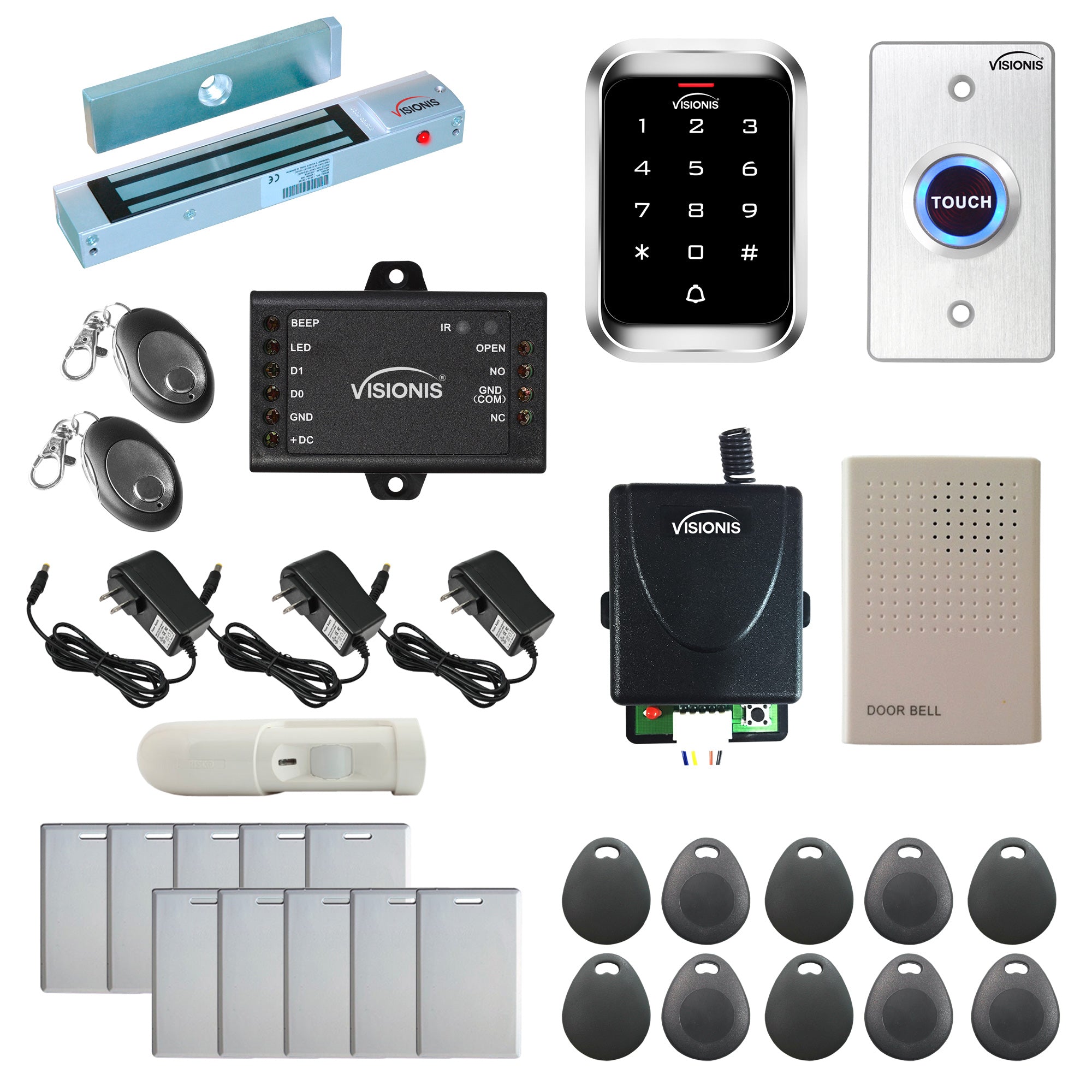 Visionis FPC-5290 One Door Access Control Out Swinging Door 300lbs Maglock + Outdoor Keypad/Reader Standalone With Mini Controller + Wiegand 26, No Software, EM Card, Wireless Receiver + PIR Kit