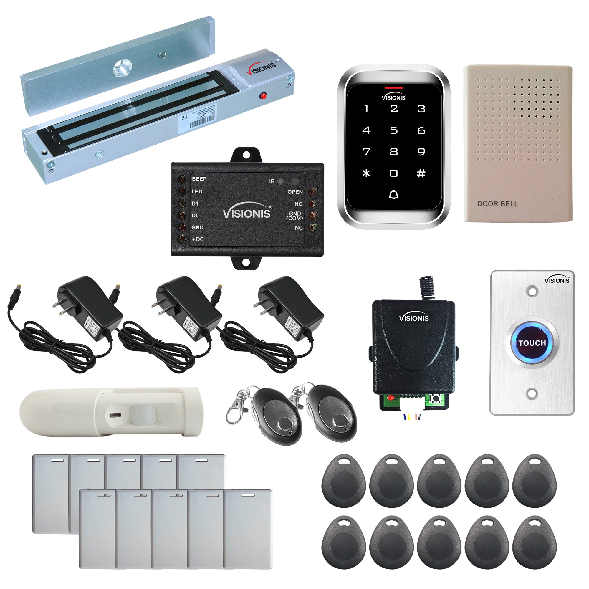 FPC-5293 One Door Access Control Out Swinging Door 600lbs Maglock + Outdoor Keypad/Reader Standalone With Mini Controller + Wiegand 26, No Software, EM Card, 1000 Users, Wireless Receiver + PIR Kit