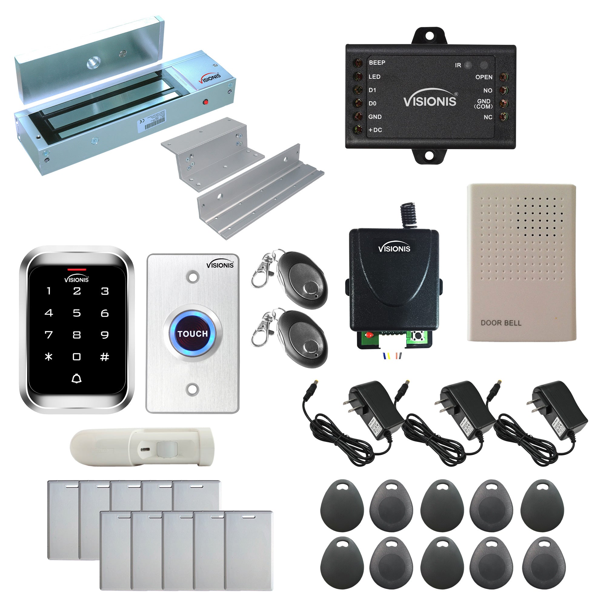 FPC-5297 One Door Access Control In Swinging Door 1200lbs Maglock + Outdoor Keypad / Reader Standalone With Mini Controller + Wiegand 26, No Software, EM Card, 1000 Users, Wireless Receiver + PIR Kit