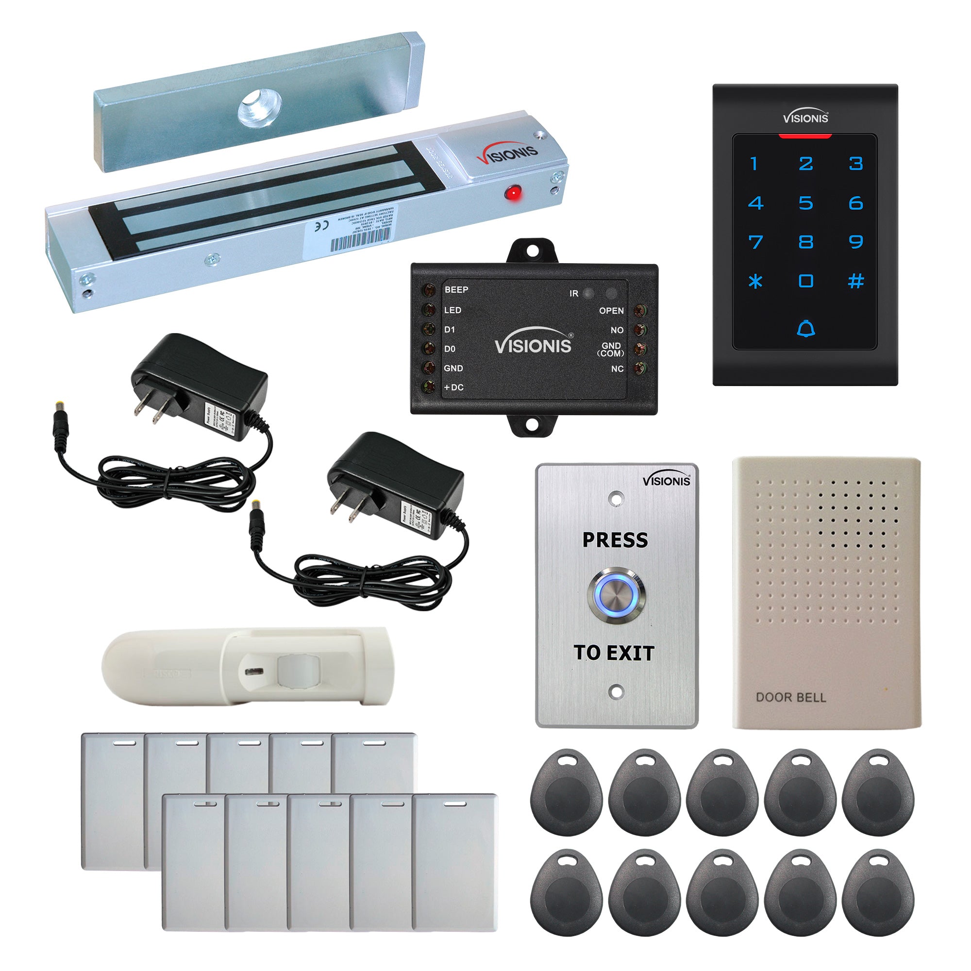 FPC-5324 One Door Access Control Out Swinging Door 300lbs Maglock + VIS-3002 Indoor Use Only Keypad/Reader Standalone With Mini Controller + Wiegand 26, No Software, EM Card, 1000 Users + PIR Kit