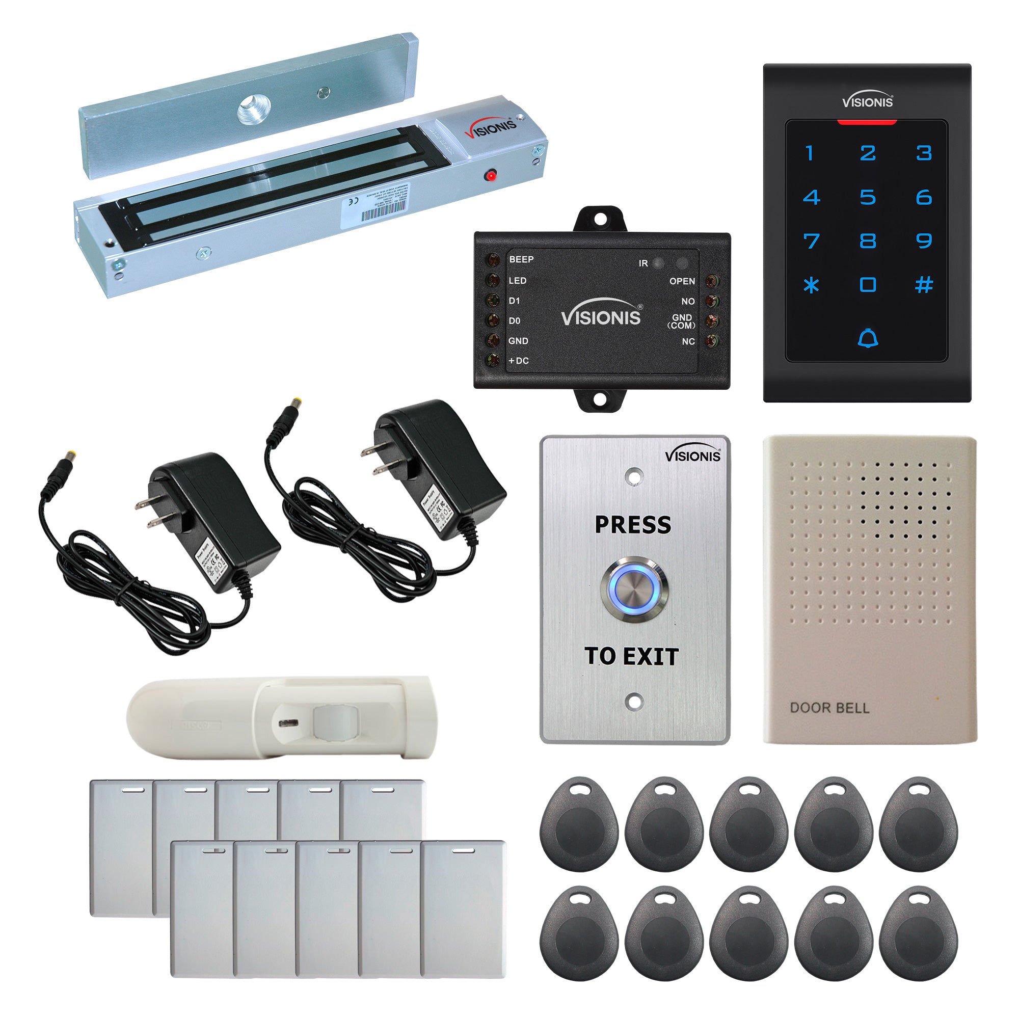 Visionis FPC-5328 One Door Access Control Out Swinging Door 600lbs Maglock + Indoor Use Only Keypad/Reader Standalone With Mini Controller + Wiegand 26, No Software, EM Card, 1000 Users + PIR Kit