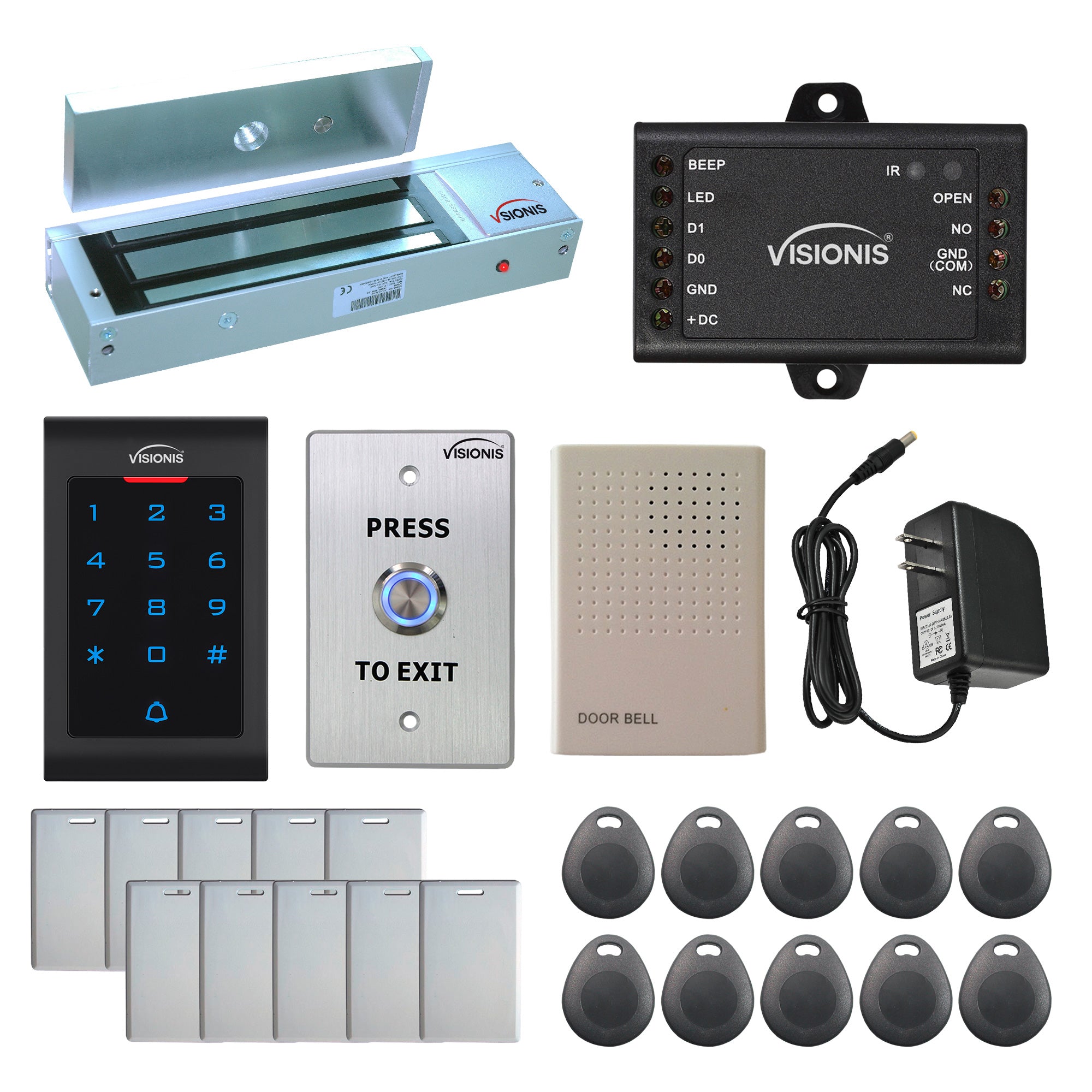 Visionis FPC-5330 One Door Access Control Out Swinging Door 1200lbs Maglock + VIS-3002 Indoor Use Only Keypad/Reader Standalone With Mini Controller + Wiegand 26, No Software, EM Card, 1000 Users Kit