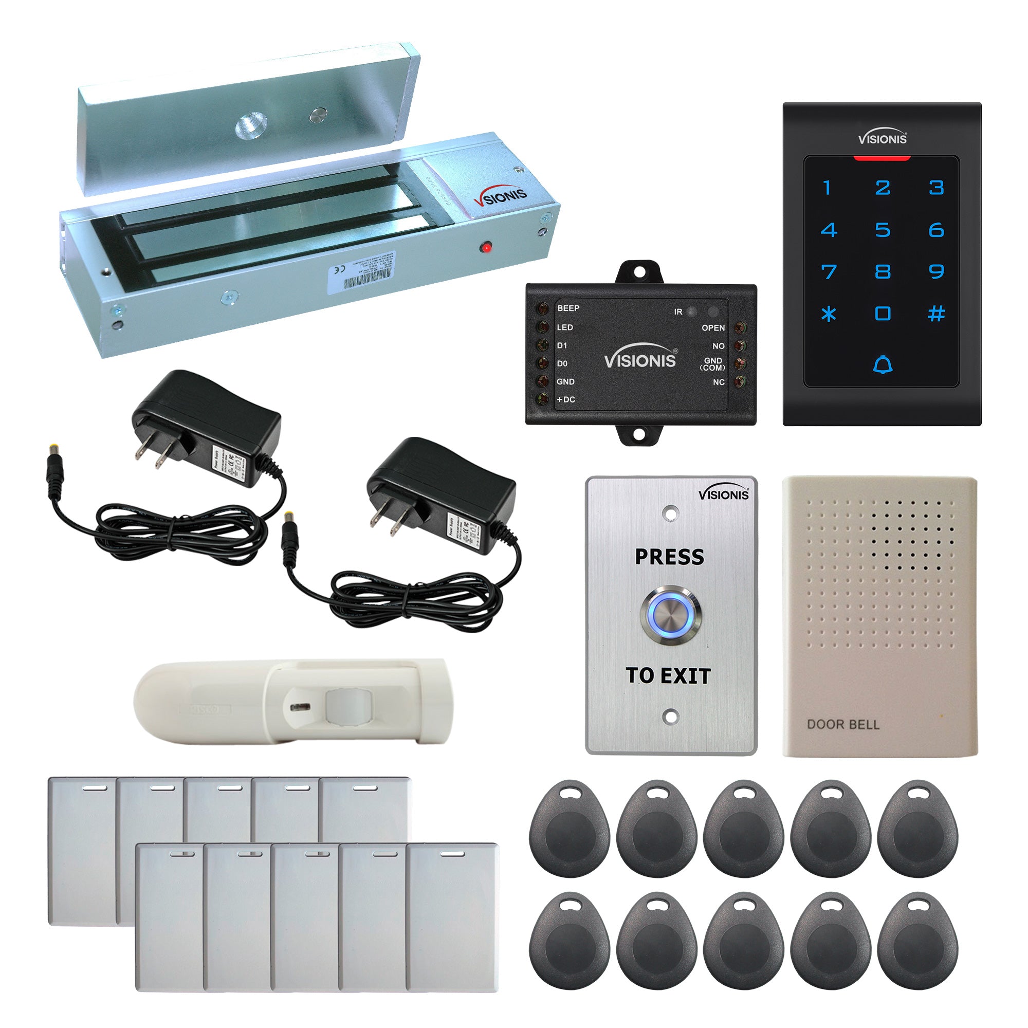 Visionis FPC-5332 One Door Access Control Out Swinging Door 1200lbs Maglock + Indoor Use Only Keypad/Reader Standalone With Mini Controller + Wiegand 26, No Software, EM Card, 1000 Users With PIR Kit