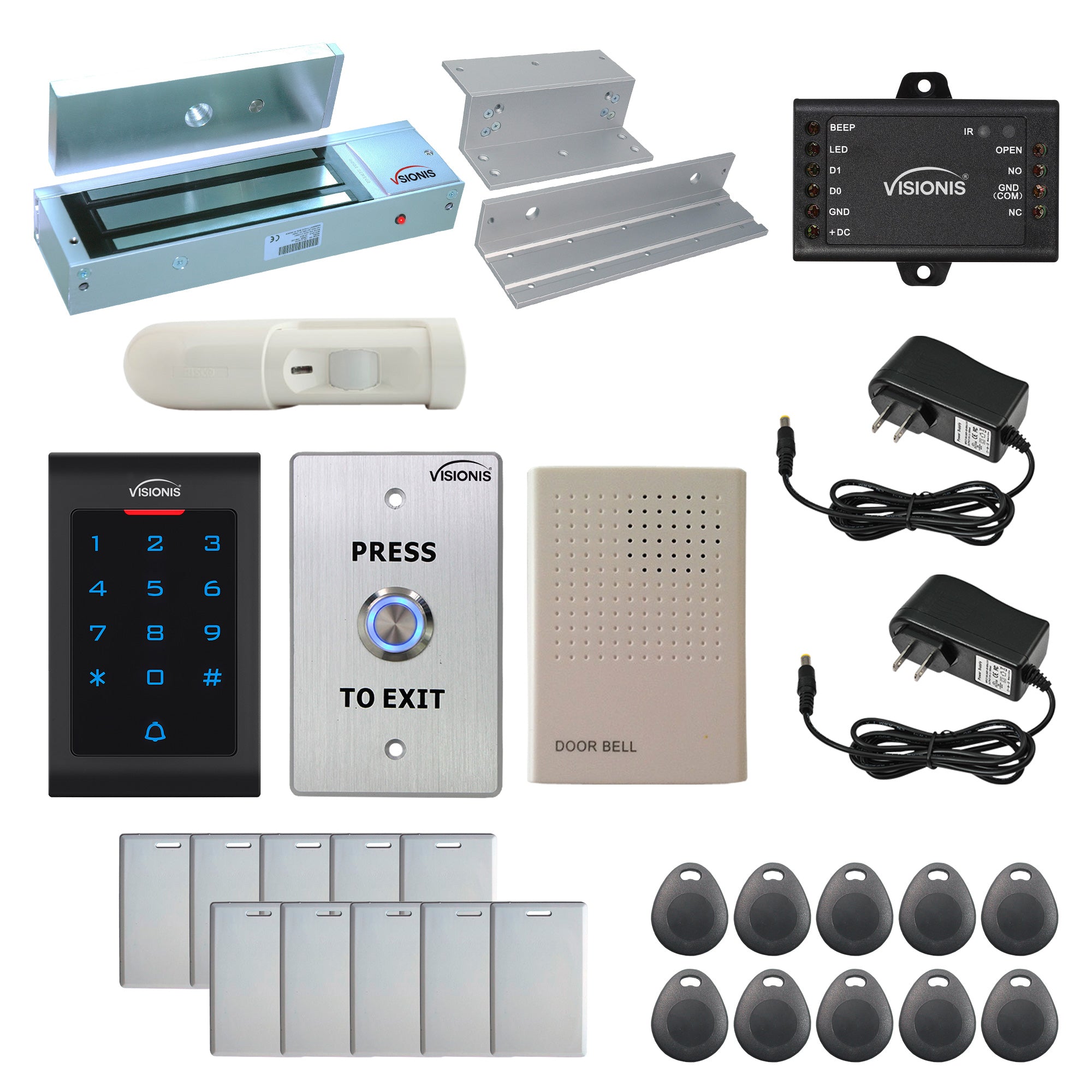 Visionis FPC-5333 One Door Access Control In Swinging Door 1200lbs Maglock + Indoor Use Only Keypad/Reader Standalone With Mini Controller + Wiegand 26, No Software, EM Card, 1000 Users + PIR Kit