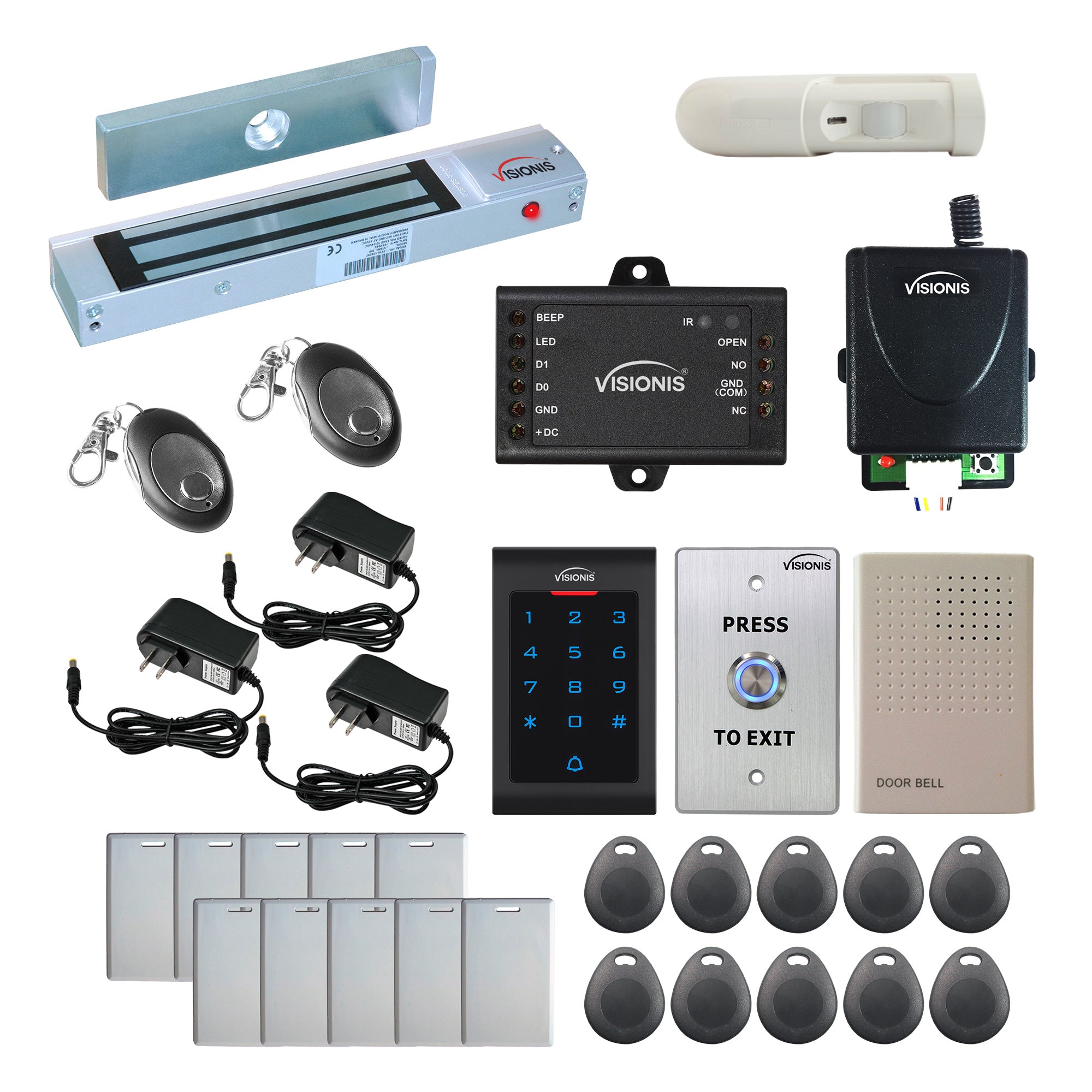 FPC-5336 One Door Access Control Out Swinging Door 300lbs Maglock + Indoor Use Only Keypad/Reader Standalone With Mini Controller + Wiegand 26, No Software, EM Card, Wireless Receiver + PIR Kit