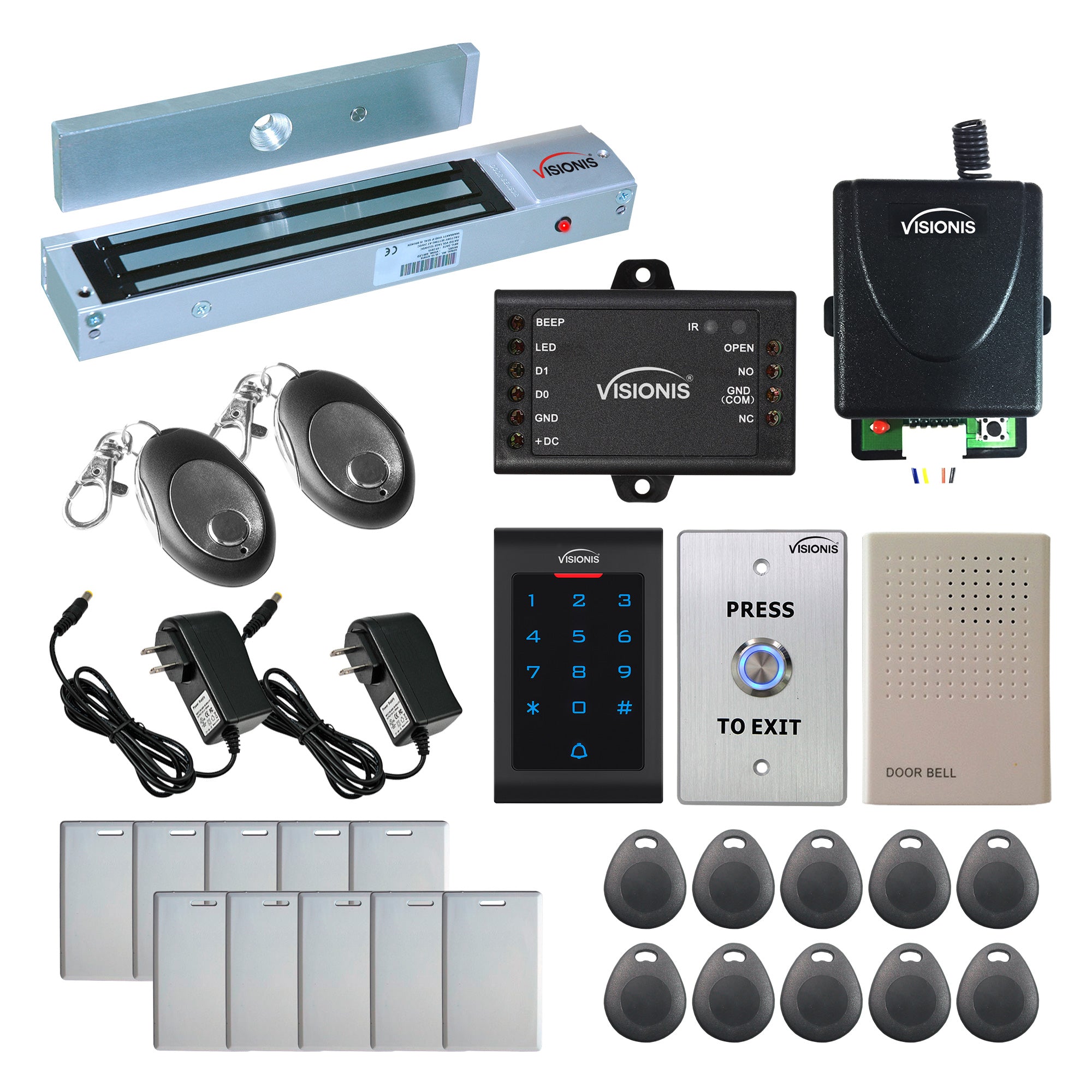 Kit 1 Door Access Control for Outswinging Door. Magnetic Lock 600 lbs (272 kg) + Keypad Card Reader With Mini Controller + Push to Exit Button + Wireless Receiver + 2 Control Remotes - FPC-5338