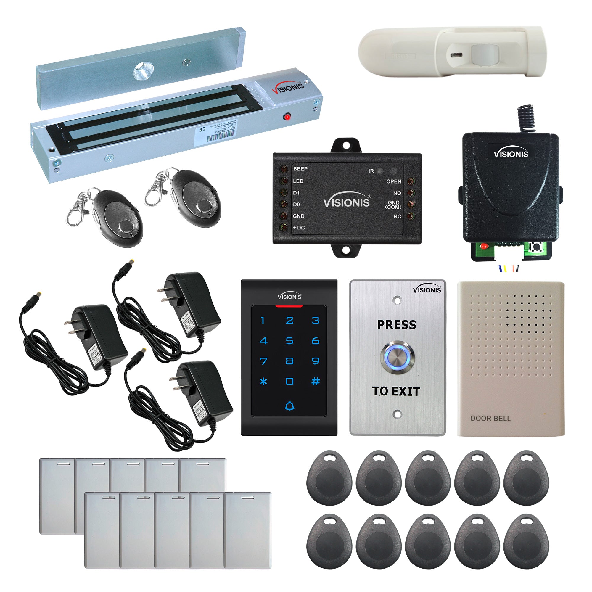 FPC-5340 One Door Access Control Out Swinging Door 600lbs Maglock + Indoor Use Only Keypad/Reader Standalone With Mini Controller + Wiegand 26, No Software, EM Card, Wireless Receiver + PIR Kit