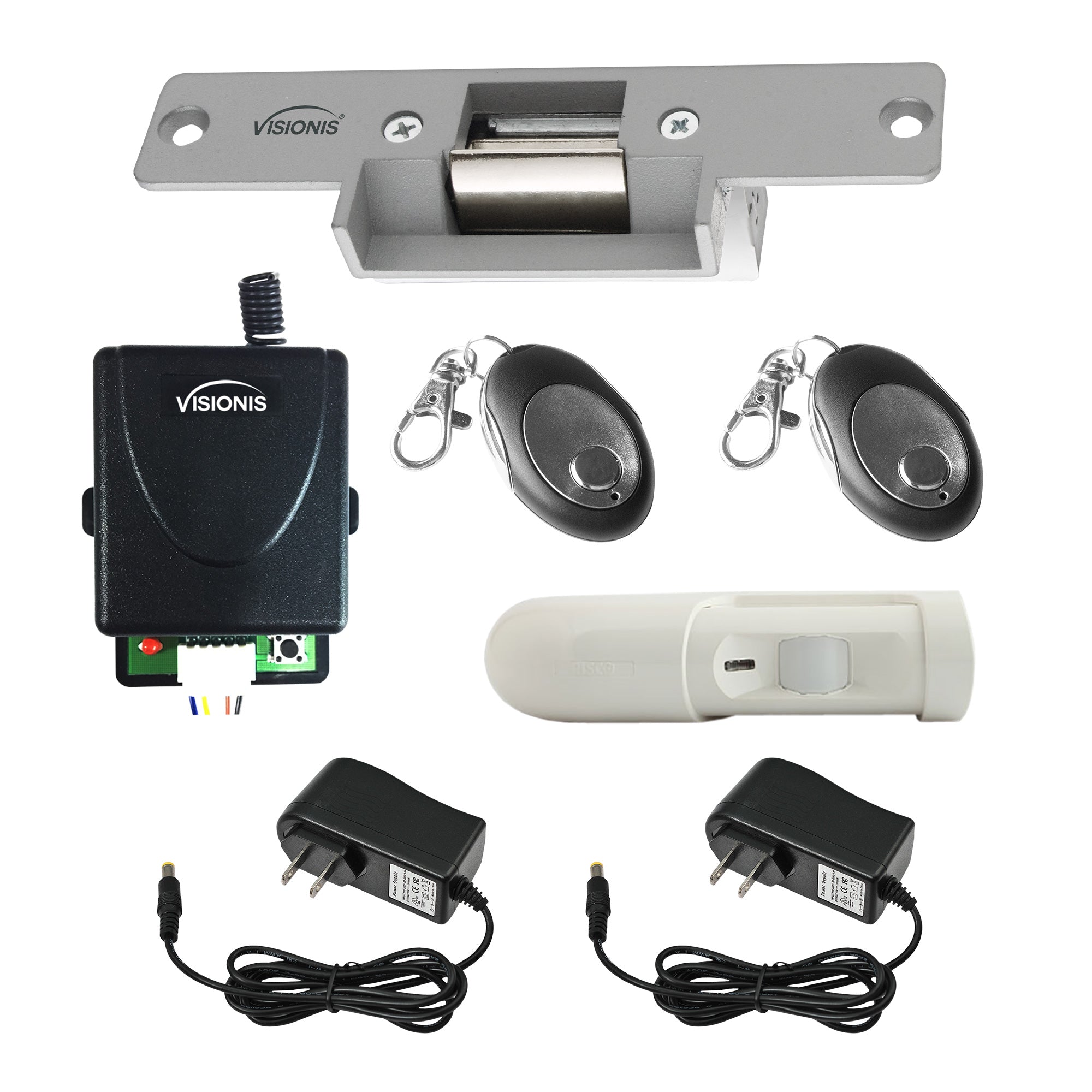 Visionis FPC-5347 One Door Access Control With VIS-EL101-FSA Normally Closed Electric Strike With Wireless Receiver – Remote And PIR Kit