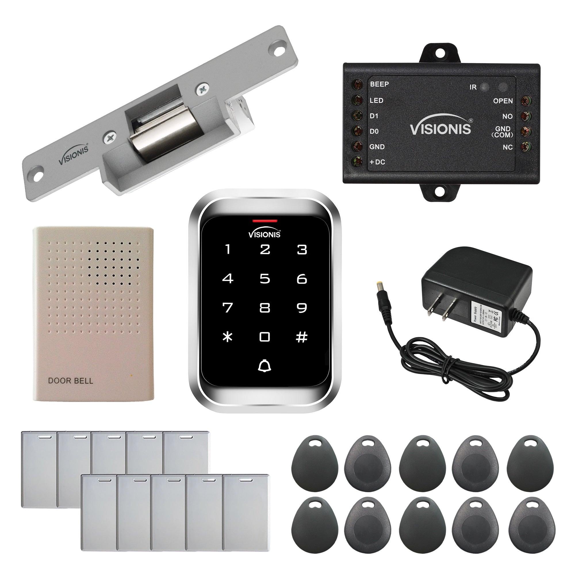 Visionis FPC-5348 One Door Access Control With Normally Closed Electric Strike + Outdoor Weatherproof Keypad/Reader Standalone With Mini Controller + Wiegand 26, No Software, EM Card, 1000 Users Kit