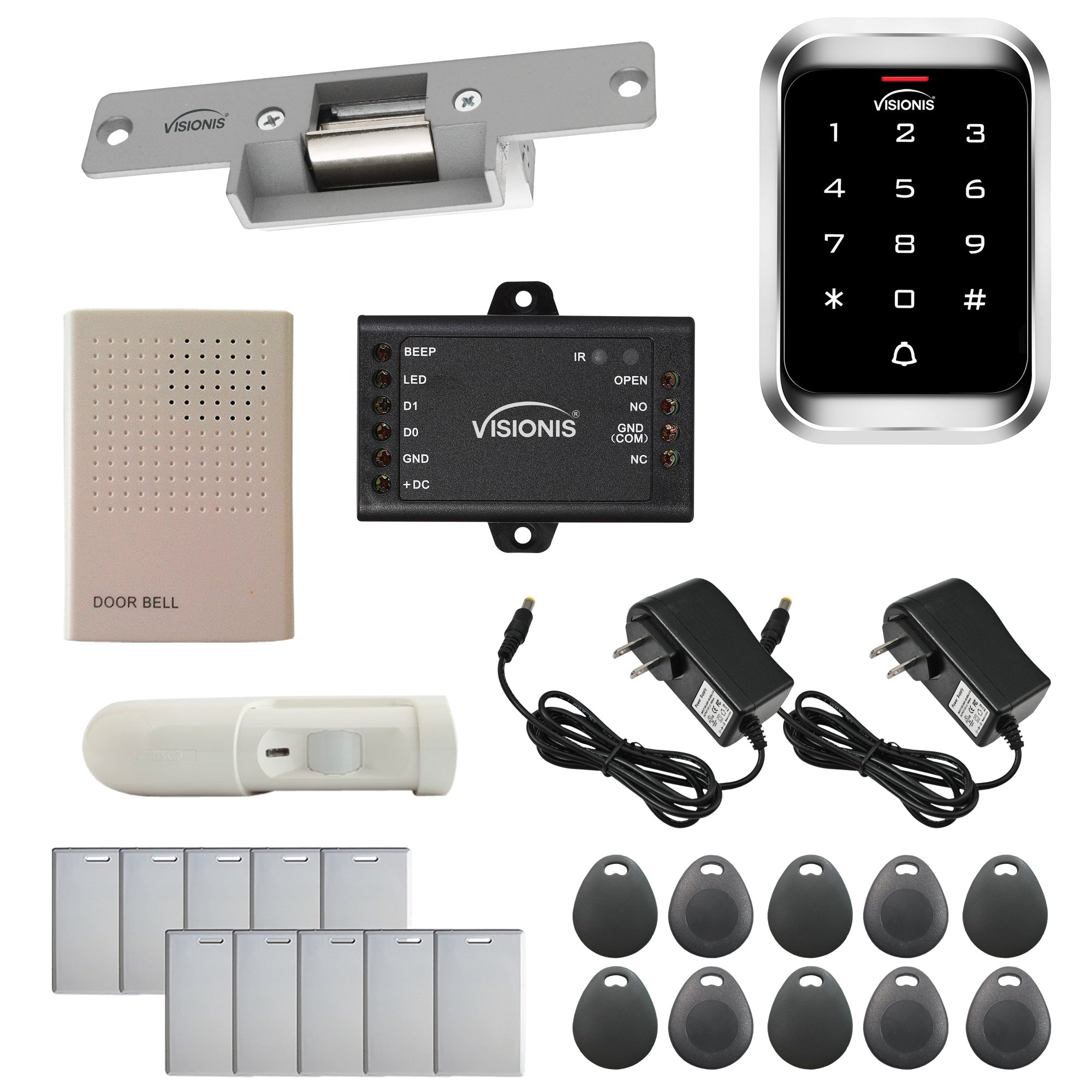 Visionis FPC-5349 One Door Access Control With Normally Closed Electric Strike With VIS-3000 Outdoor Keypad/Reader Standalone With Mini Controller + Wiegand 26, No Software, EM Card, 1000 Users + PIR