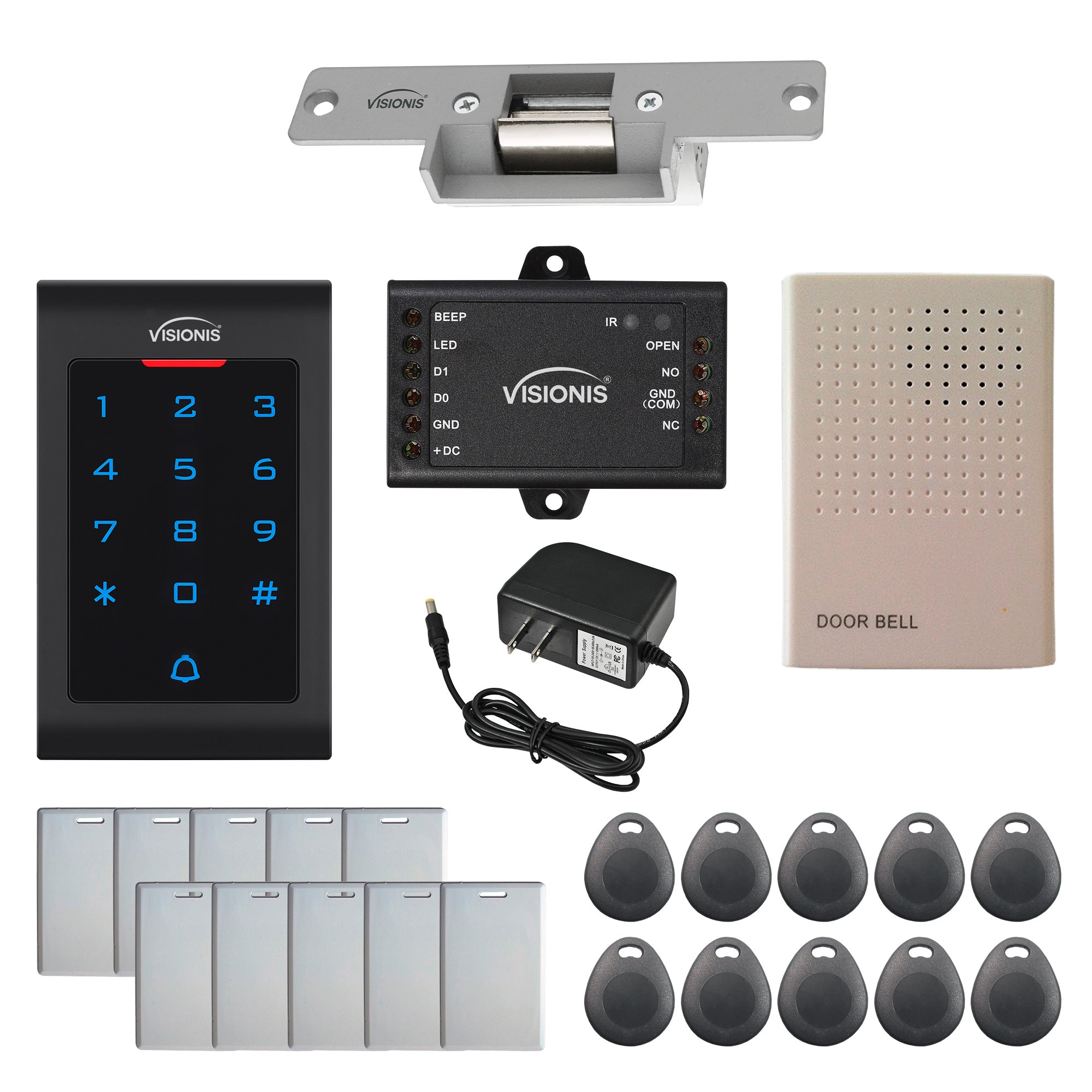 Visionis FPC-5352 One Door Access Control With Normally Closed Electric Strike + Indoor Use Only Keypad/Reader Standalone With Mini Controller + Wiegand 26, No Software, EM Card, 1000 Users Kit