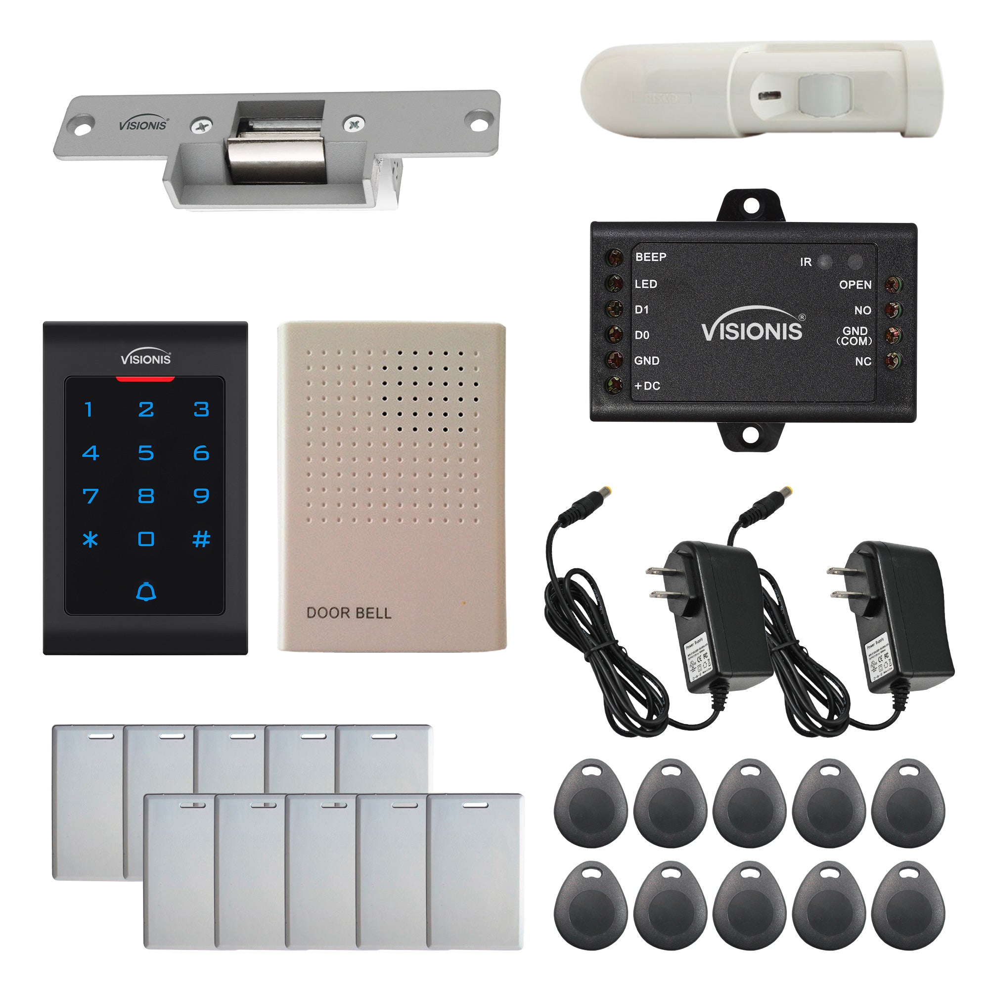 Visionis FPC-5353 One Door Access Control With Normally Closed Electric Strike + Indoor Use Only Keypad/Reader Standalone With Mini Controller + Wiegand 26, No Software, EM Card, 1000 Users + PIR Kit