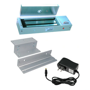 Magnetic door lock kit with 1200lb electromagnetic lock, ZL bracket, and power supply for inswinging doors. VIS-ML1200LED FPC-5365 VISIONIS