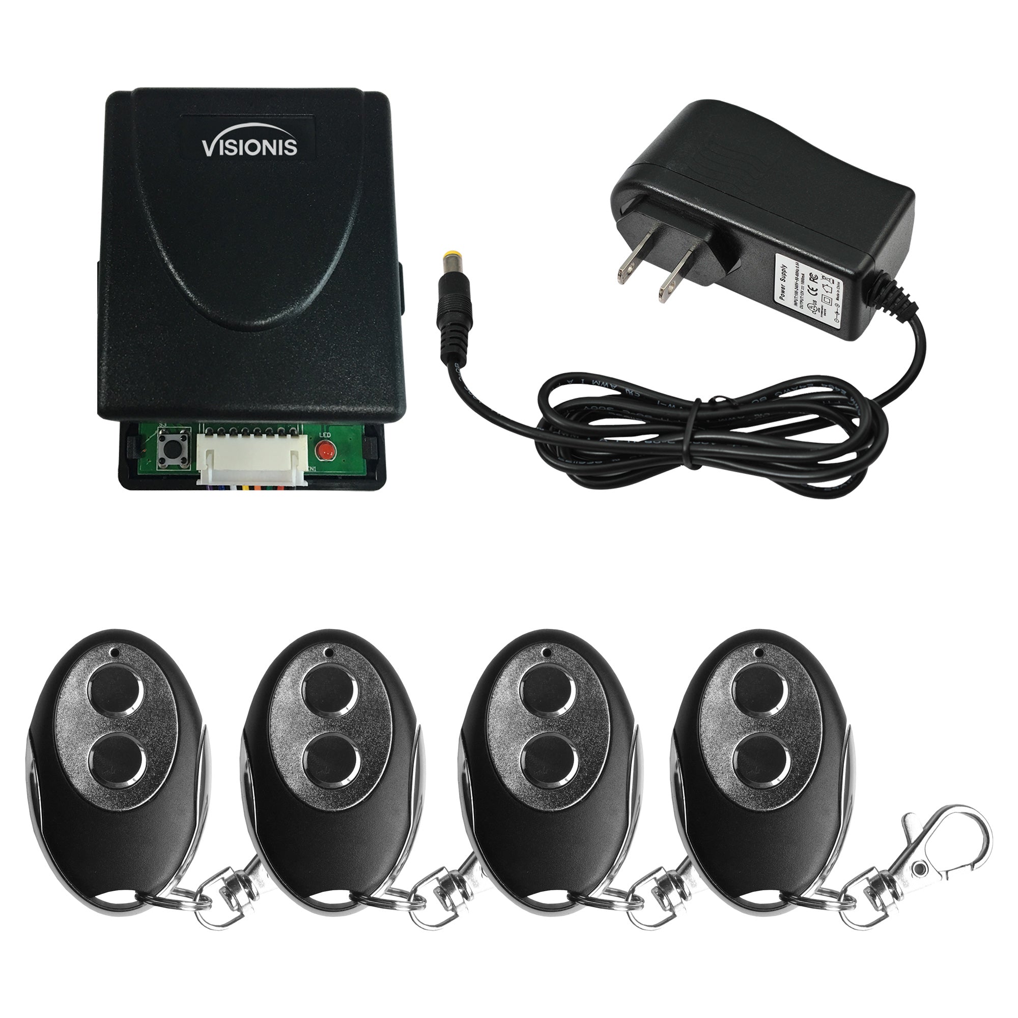 Visionis FPC-5370 4 Mini 315Mhz Wireless Fixed Code Remote With Two Channel RF Receiver And Power Supply Kit