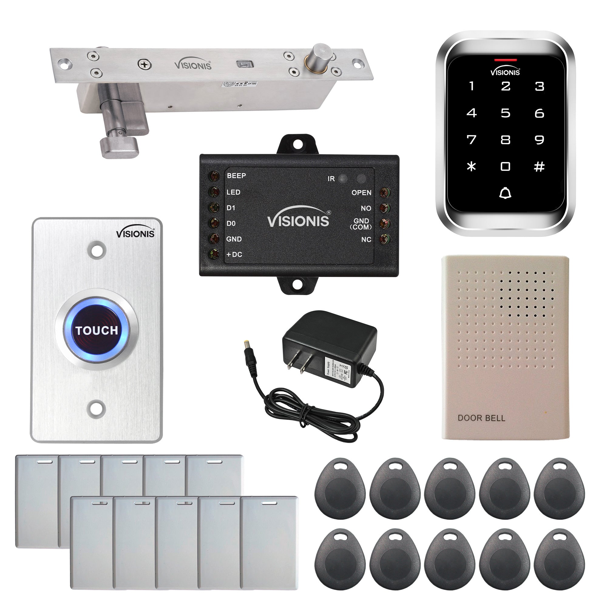 FPC-5450 One Door Access Control Electric Drop Bolt Lock Fail Secure 2,600lbs With VIS-3000 Outdoor Keypad/Reader Standalone With Mini Controller + Wiegand 26, No Software, EM Card, 1000 Users Kit