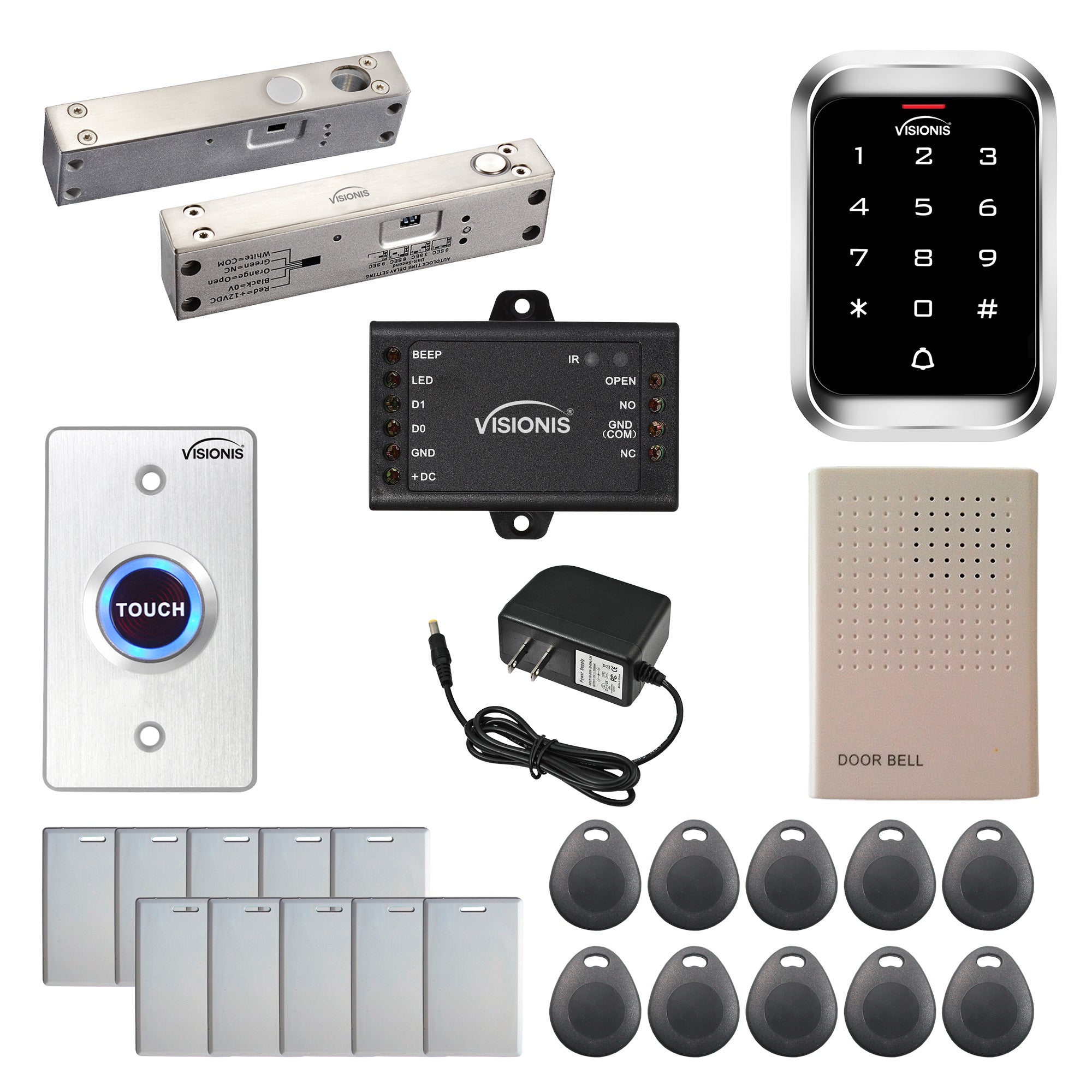 FPC-5451 One Door Access Control Electric Drop Bolt Lock For Narrow Door Fail Safe 2,200lbs + Outdoor Keypad/Reader Standalone With Mini Controller + Wiegand 26, No Software, EM Card, 1000 Users Kit