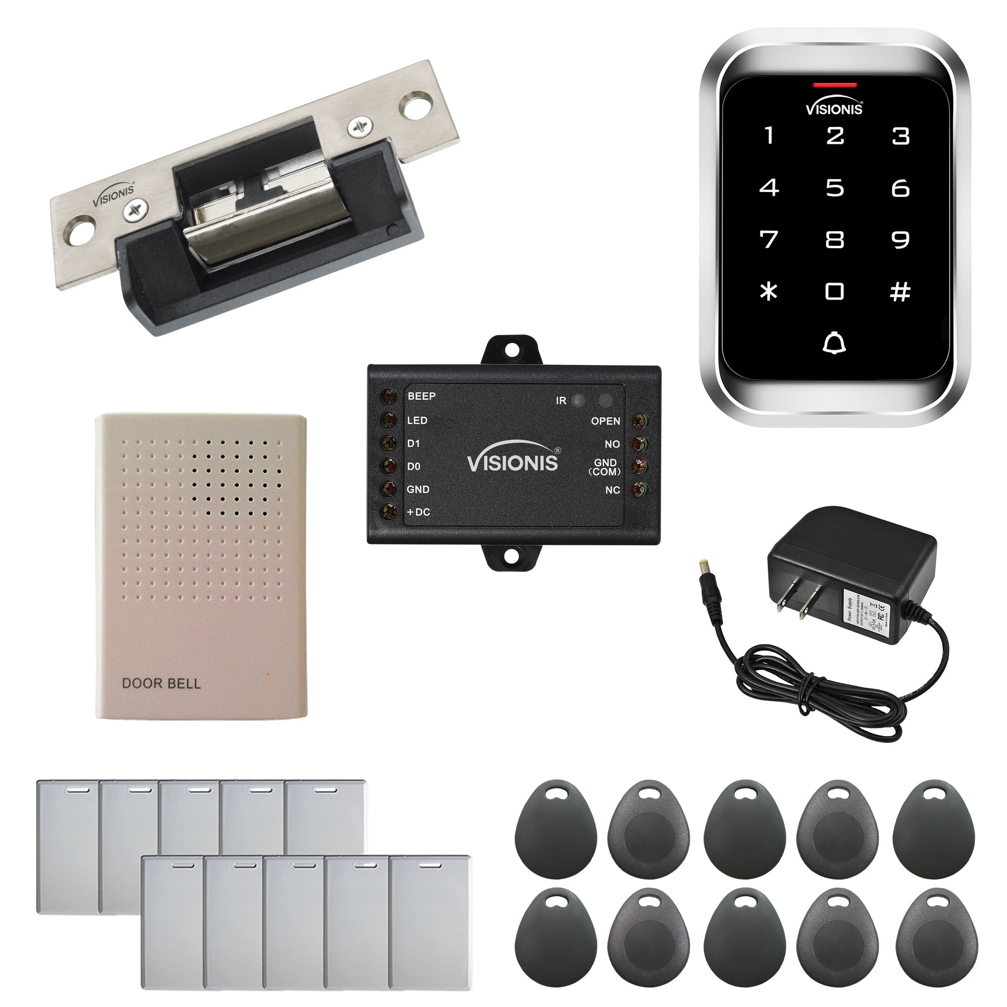 FPC-5454 One Door Access Control Electric Strike Fail Safe 770lbs With VIS-3000 Outdoor Weatherproof Keypad/Reader Standalone With Mini Controller + Wiegand 26, No Software, EM Card, 1000 Users Kit