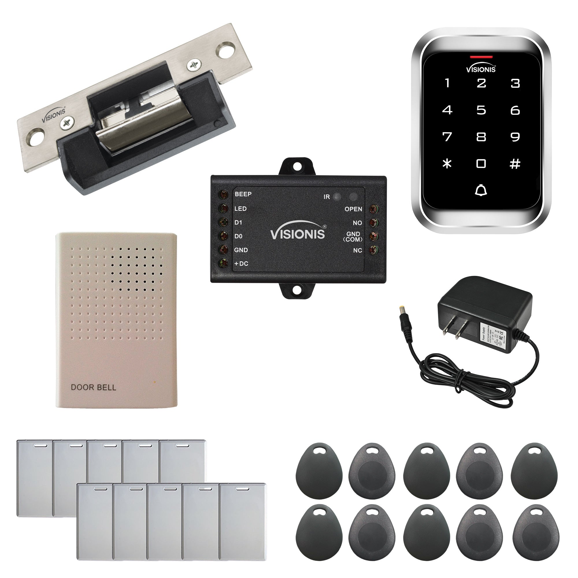 Kit One Door Access Control. Electric Door Strike with 770lbs (350kg) Holding Strength. Fail Secure + Outdoor Keypad / Card Reader Standalone With Mini Controller + Exit Button - FPC-5455 Visionis