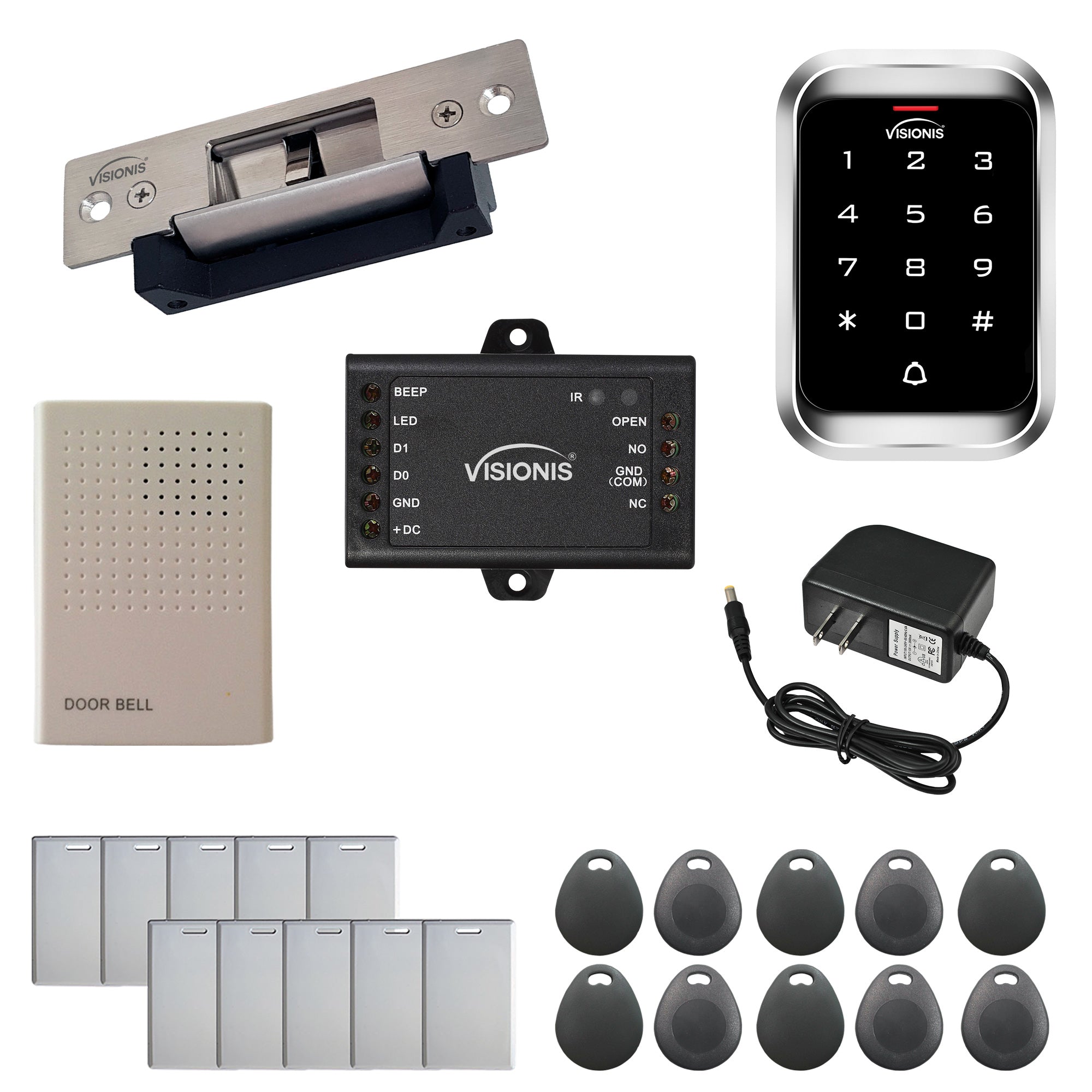 FPC-5456 One Door Access Control Electric Strike Fail Safe And Fail Secure Adjustable 770lbs + Outdoor Keypad/Reader Standalone With Mini Controller + Wiegand 26, No Software, EM Card, 1000 Users Kit