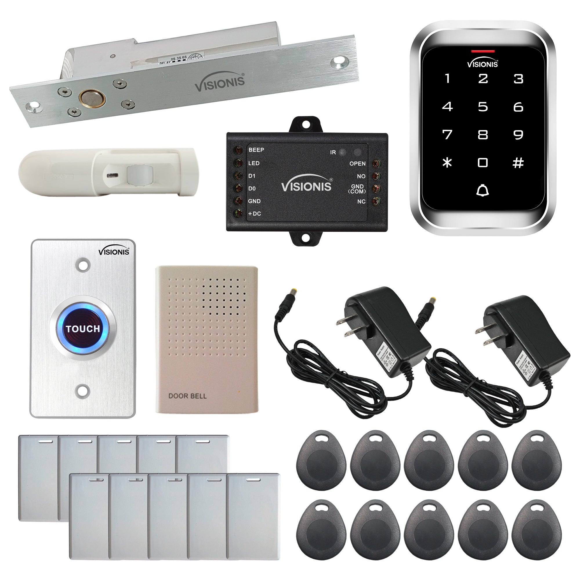 FPC-5459 One Door Access Control 1,700lbs Electric Drop Bolt With Time Delay Fail Safe + Outdoor Keypad/Reader Standalone With Mini Controller + Wiegand 26, No Software, EM Card, 1000 Users + PIR Kit