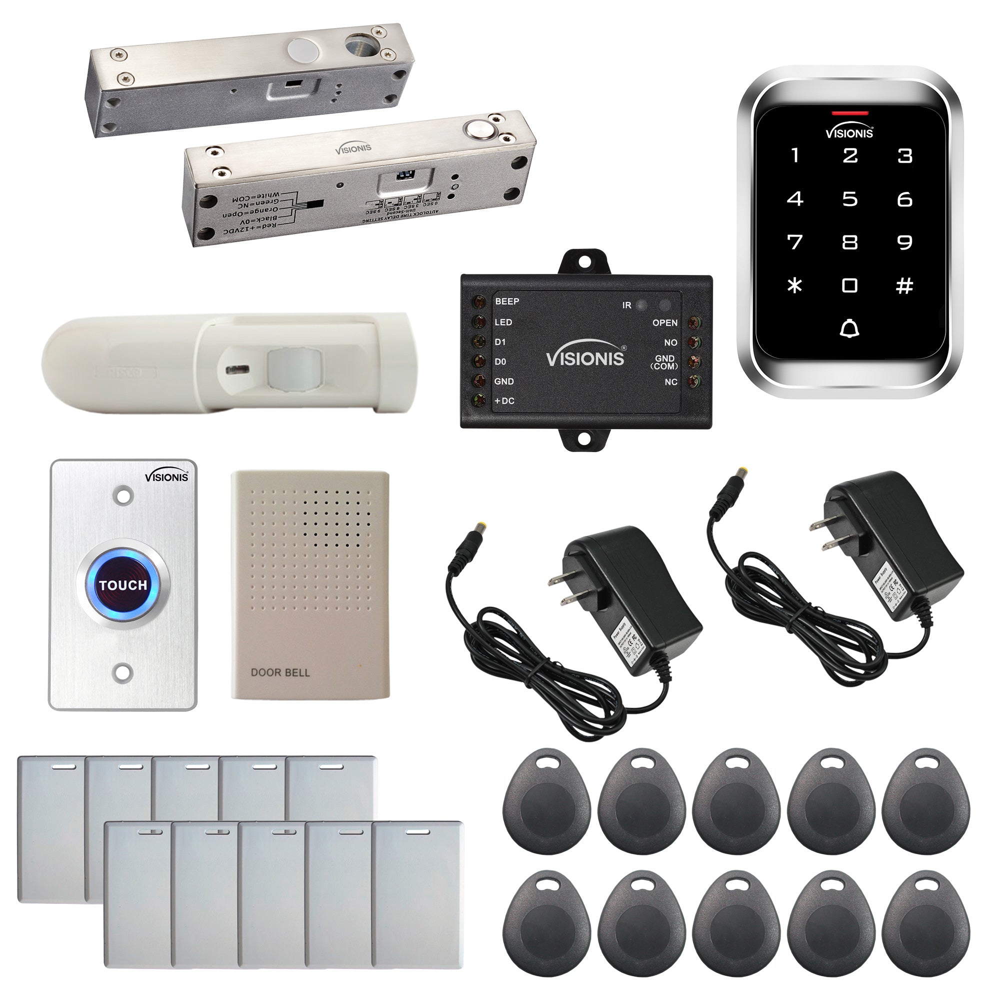 FPC-5462 One Door Access Control 2200lb Electric Drop Bolt Fail Safe For Narrow Doors + Outdoor Keypad / Reader Standalone With Mini Controller + Wiegand 26, No Software, EM Card 1000 Users + PIR Kit