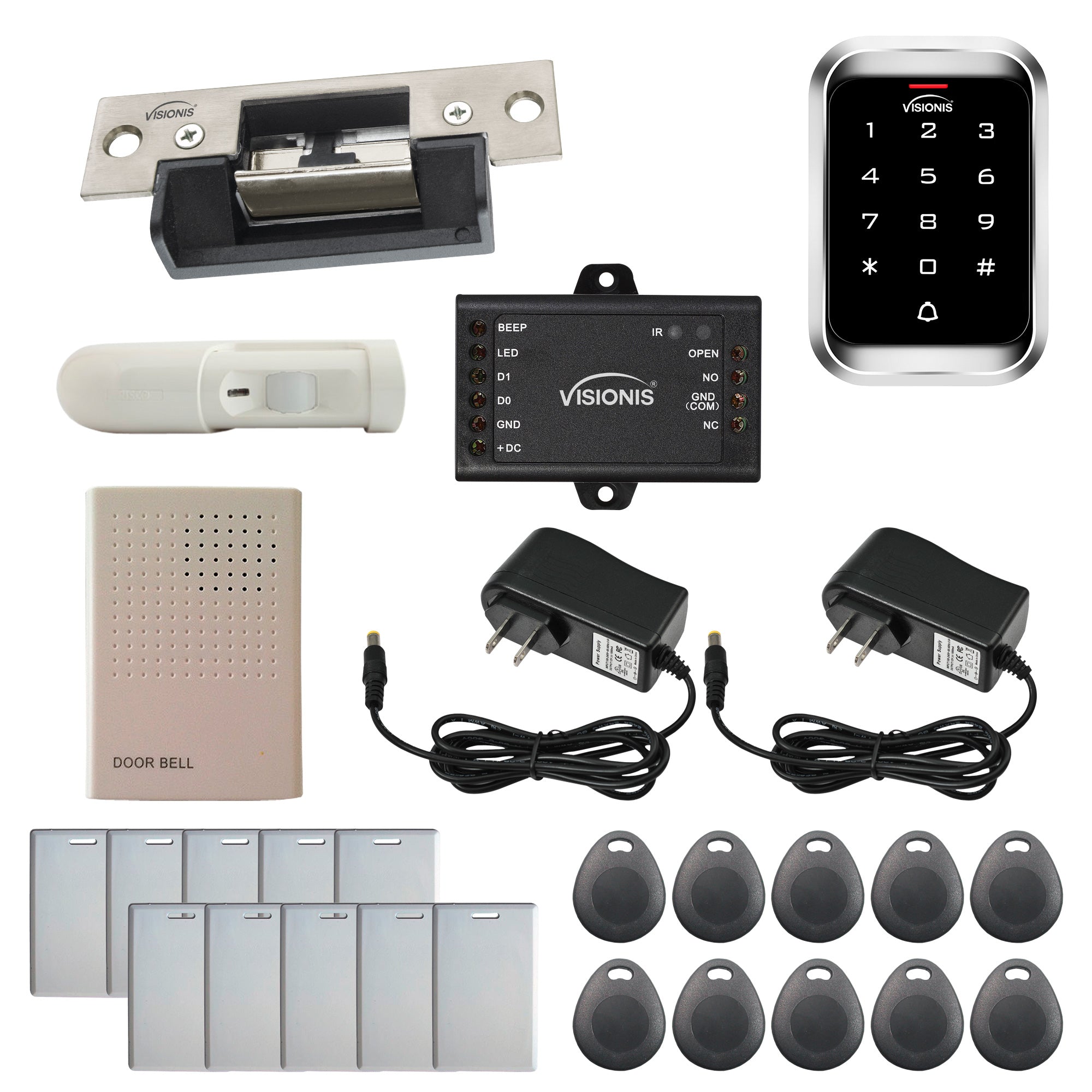 FPC-5465 One Door Access Control 770lbs Electric Strike Fail Safe With VIS-3000 Outdoor Keypad / Reader Standalone With Mini Controller + Wiegand 26, No Software, EM Card, 1000 Users + PIR Kit