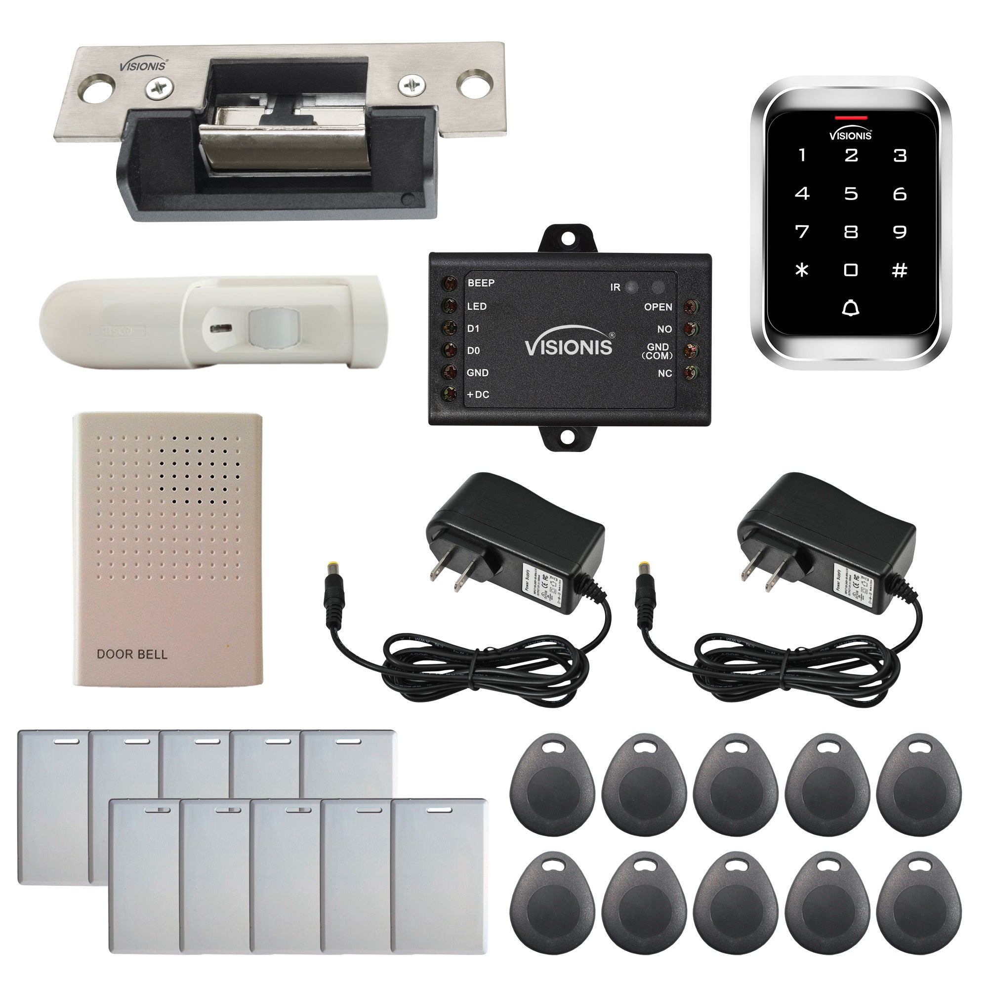 FPC-5466 One Door Access Control 770lbs Electric Strike Fail Secure With VIS-3000 Outdoor Keypad/Reader Standalone With Mini Controller + Wiegand 26, No Software, EM Card, 1000 Users + PIR Kit