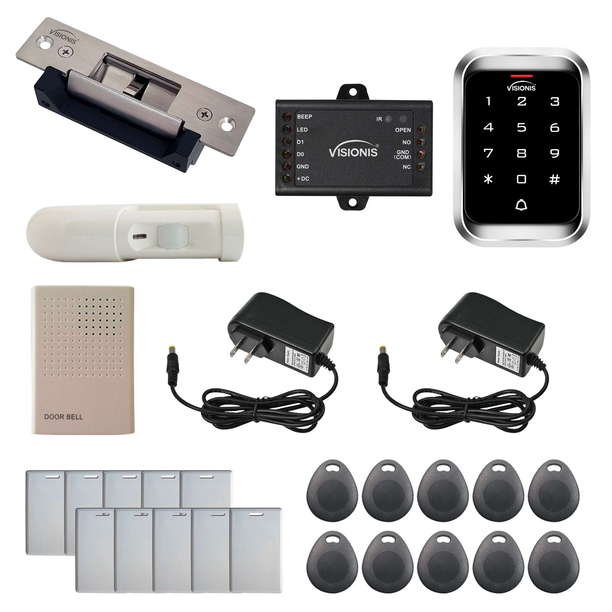 FPC-5467 One Door Access Control 770lbs Electric Strike Fail Safe + Fail Secure Adjustable + Outdoor Keypad/Reader Standalone With Mini Controller + Wiegand 26, No Software, EM Card, 1000 Users + PIR