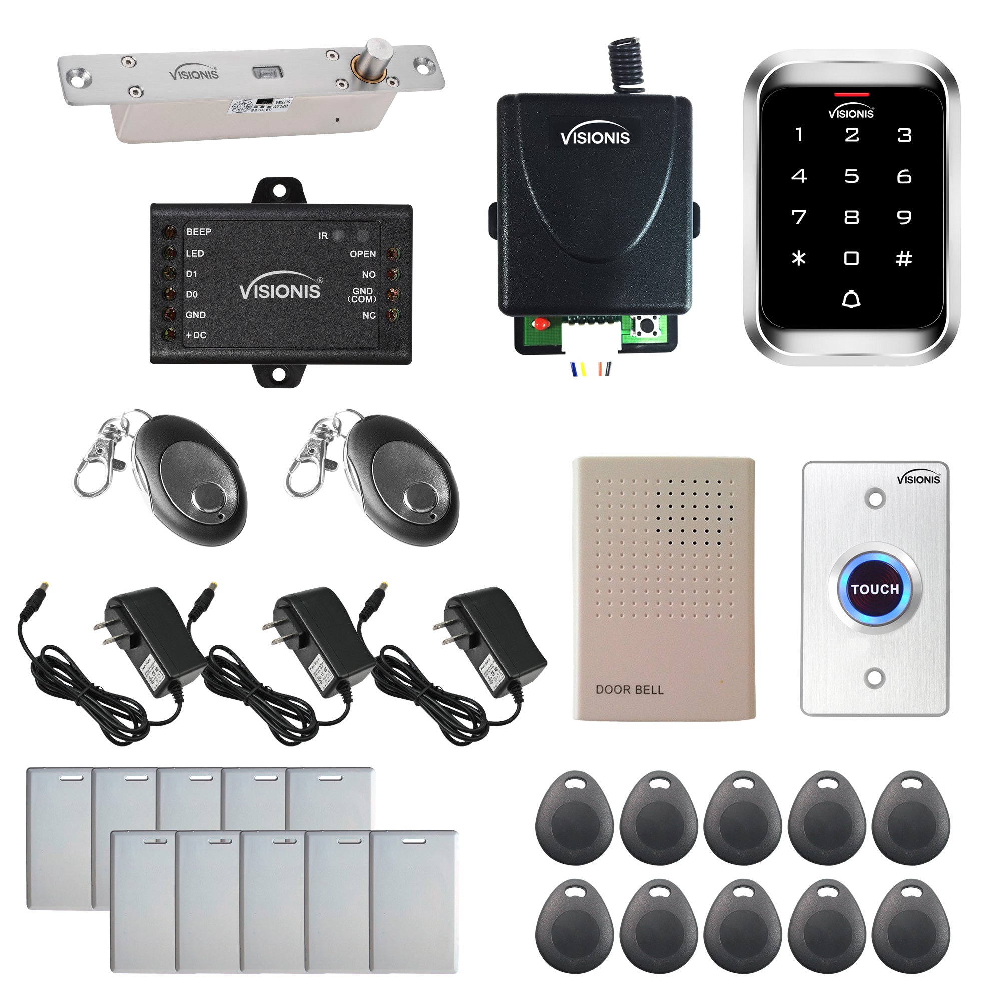 Visionis FPC-5471 One Door Access Control 2,600lbs Electric Drop Bolt Fail Secure + Outdoor Keypad/Reader Standalone With Mini Controller + Wiegand 26, No Software, EM Card, Wireless Receiver Kit