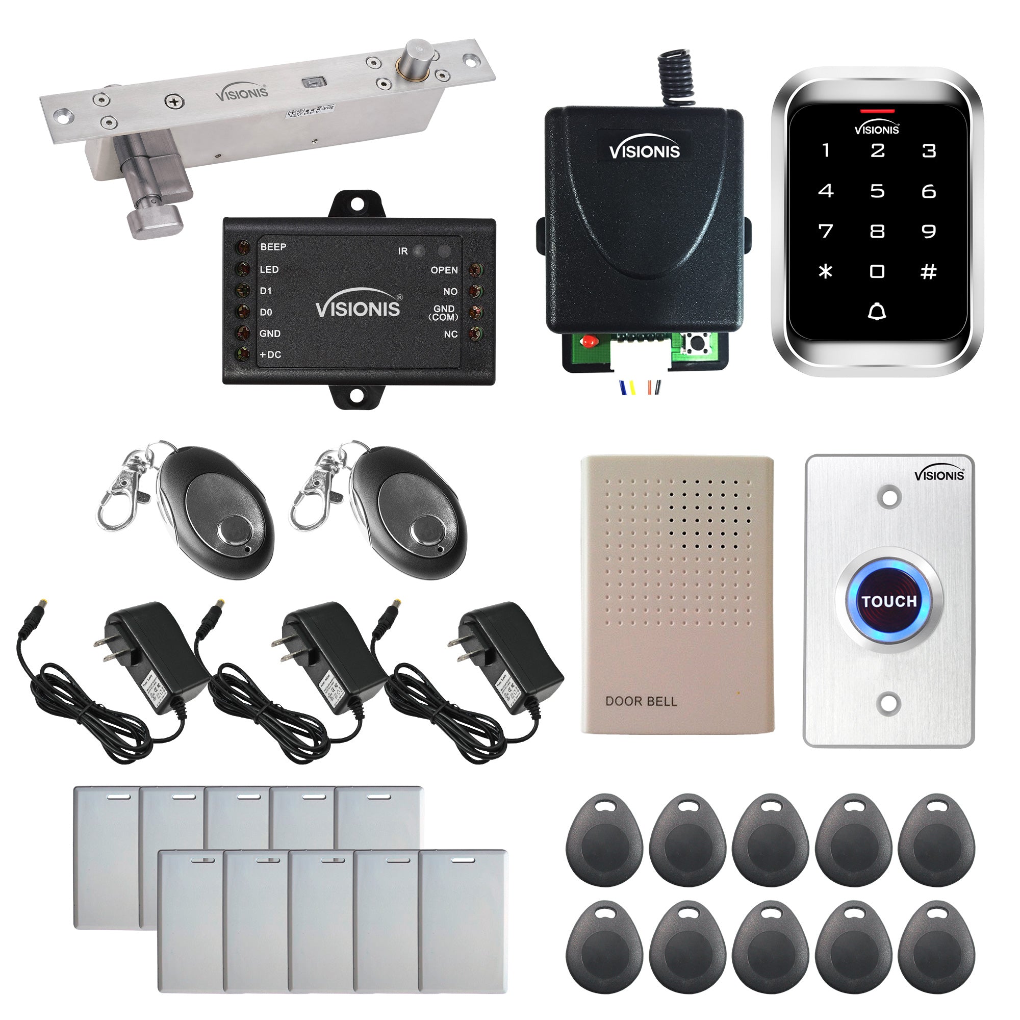 FPC-5472 One Door Access Control 2,600lbs Electric Drop Bolt Fail Secure Key Cylinder + Outdoor Keypad/Reader Standalone With Mini Controller + Wiegand 26, No Software, EM Card, Wireless Receiver Kit