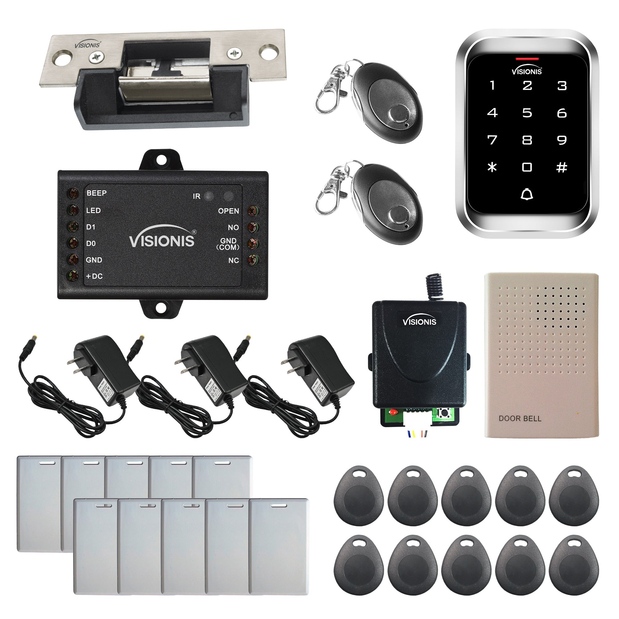 Visionis FPC-5477 One Door Access Control 770lbs Electric Strike Fail Secure + VIS-3000 Outdoor Keypad/Reader Standalone With Mini Controller + Wiegand 26, No Software, EM Card, Wireless Receiver Kit