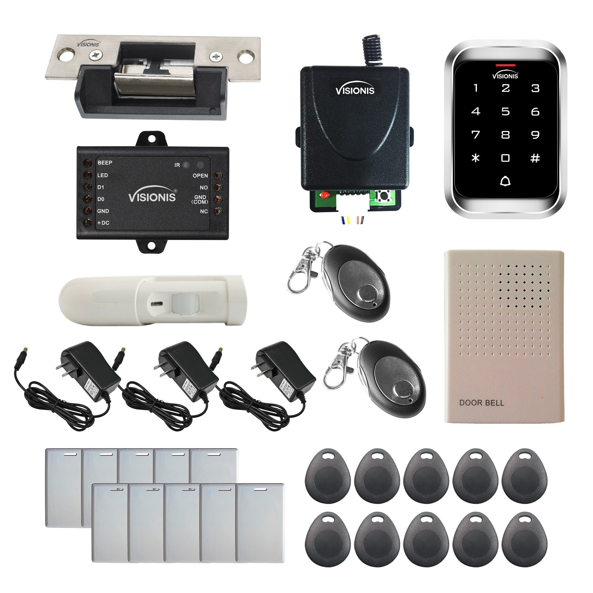 Visionis FPC-5489 One Door Access Control 770lbs Electric Strike Fail Secure + Outdoor Keypad/Reader Standalone With Mini Controller + Wiegand 26, No Software, EM Card, Wireless Receiver + PIR Kit